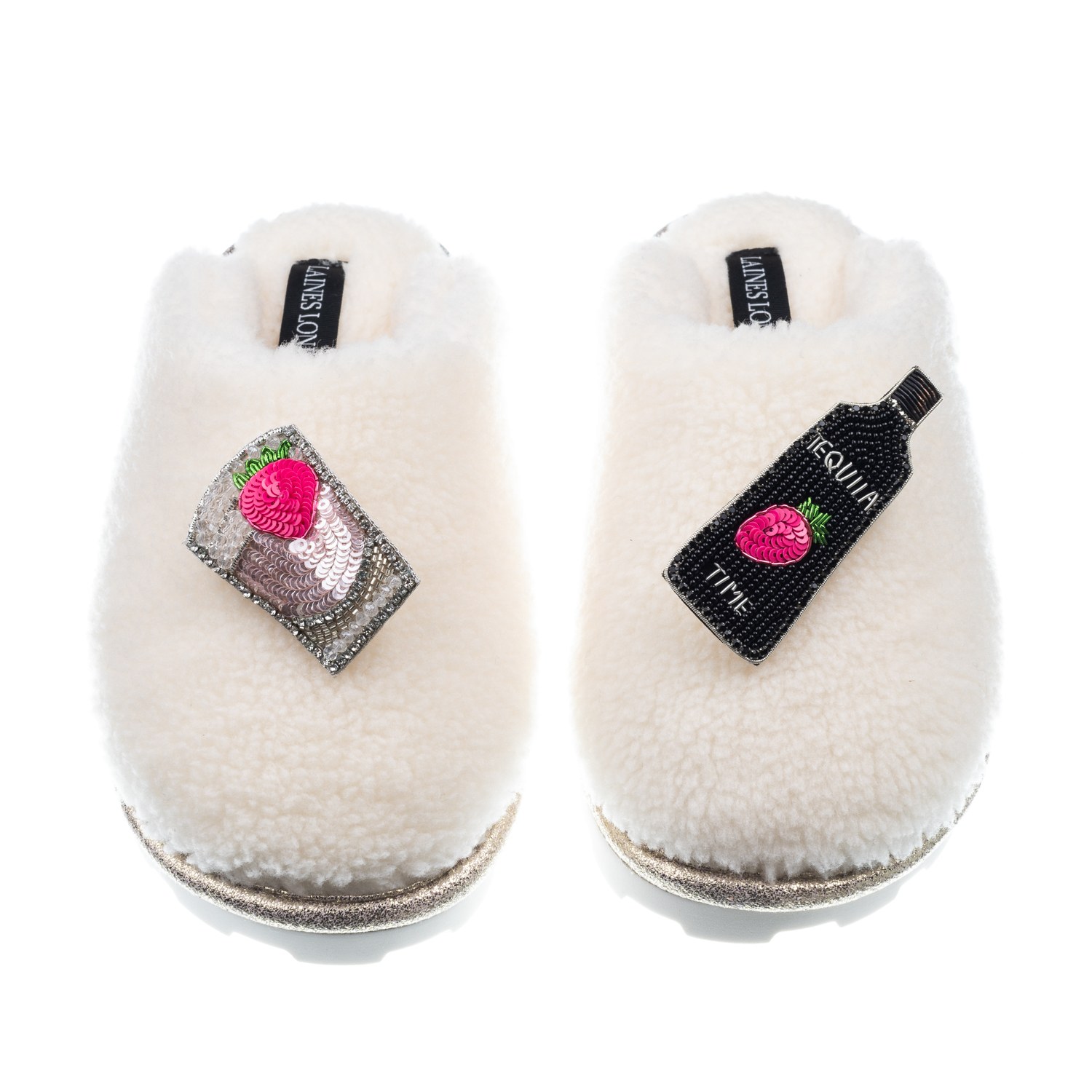 Laines London Women's White Teddy Closed Toe Slippers With Tequila Strawberry Brooches - Cream