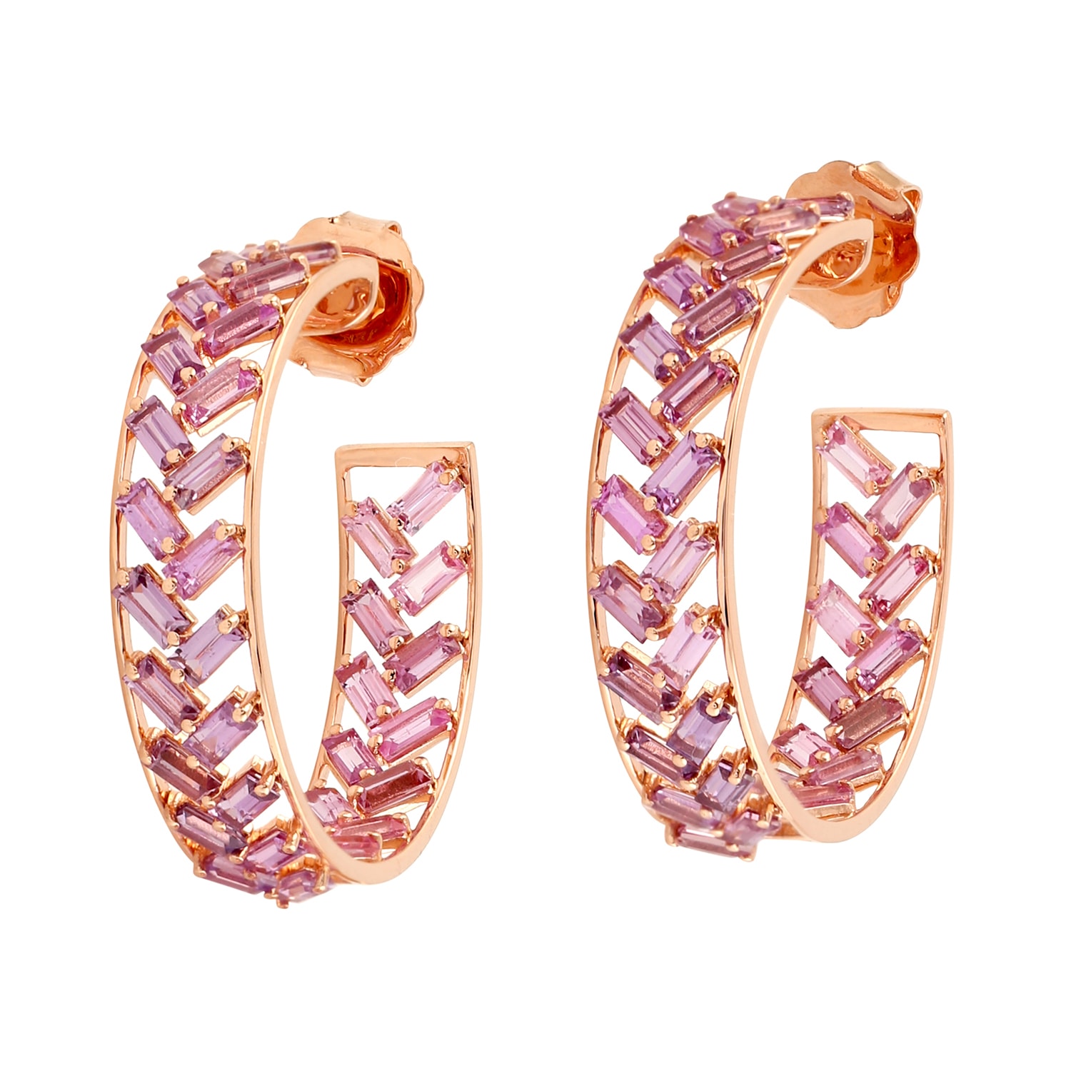 Women’s Pink / Purple 18K Rose Gold In Baguette Pink Sapphire Gemstone Half Hoop Earrings Artisan