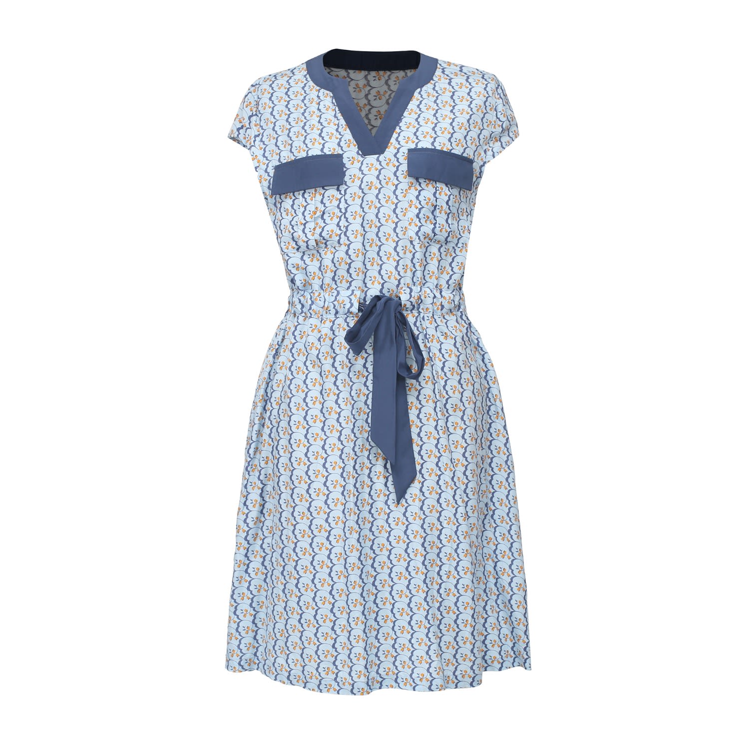 Smart And Joy Women's Blue Tunic Dress With Drawstring Belt And Geometric Print In Blue