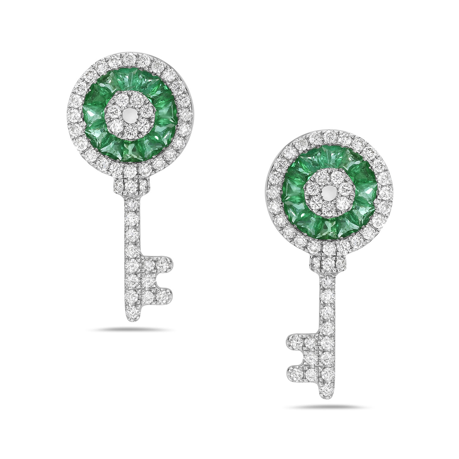 Artisan Women's White / Green Natural Emerald & Diamond Key Dangle Earrings In White Gold