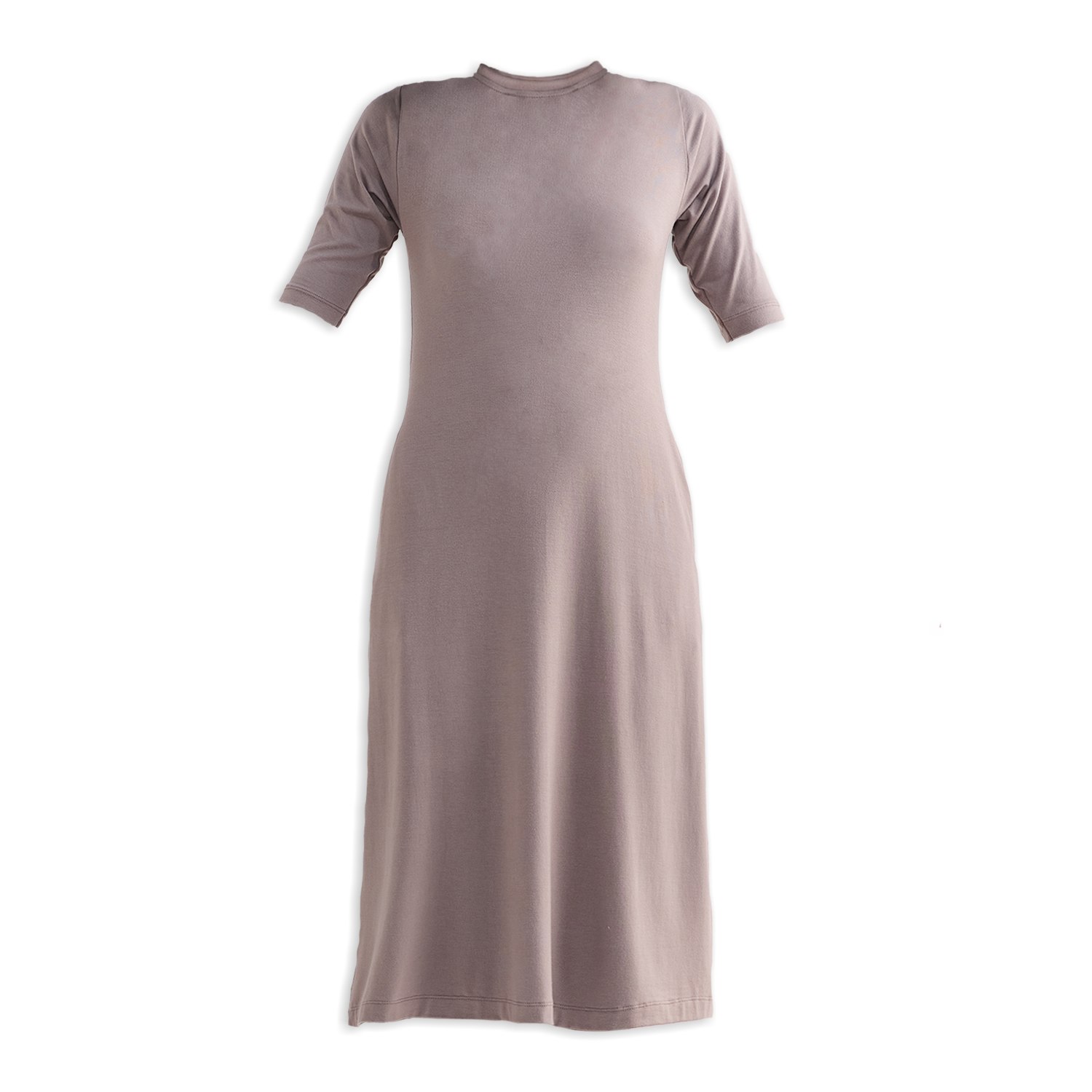 Reistor Women's High Crew Neck Elbow Sleeves Fitted Dress In Dusty Brown In Brown