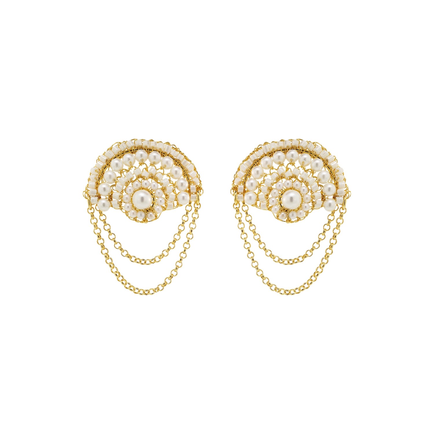 Women’s Gold / White Pearl & Gold Freya Round Posts Handmade Crochet Earrings Lavish by Tricia Milaneze