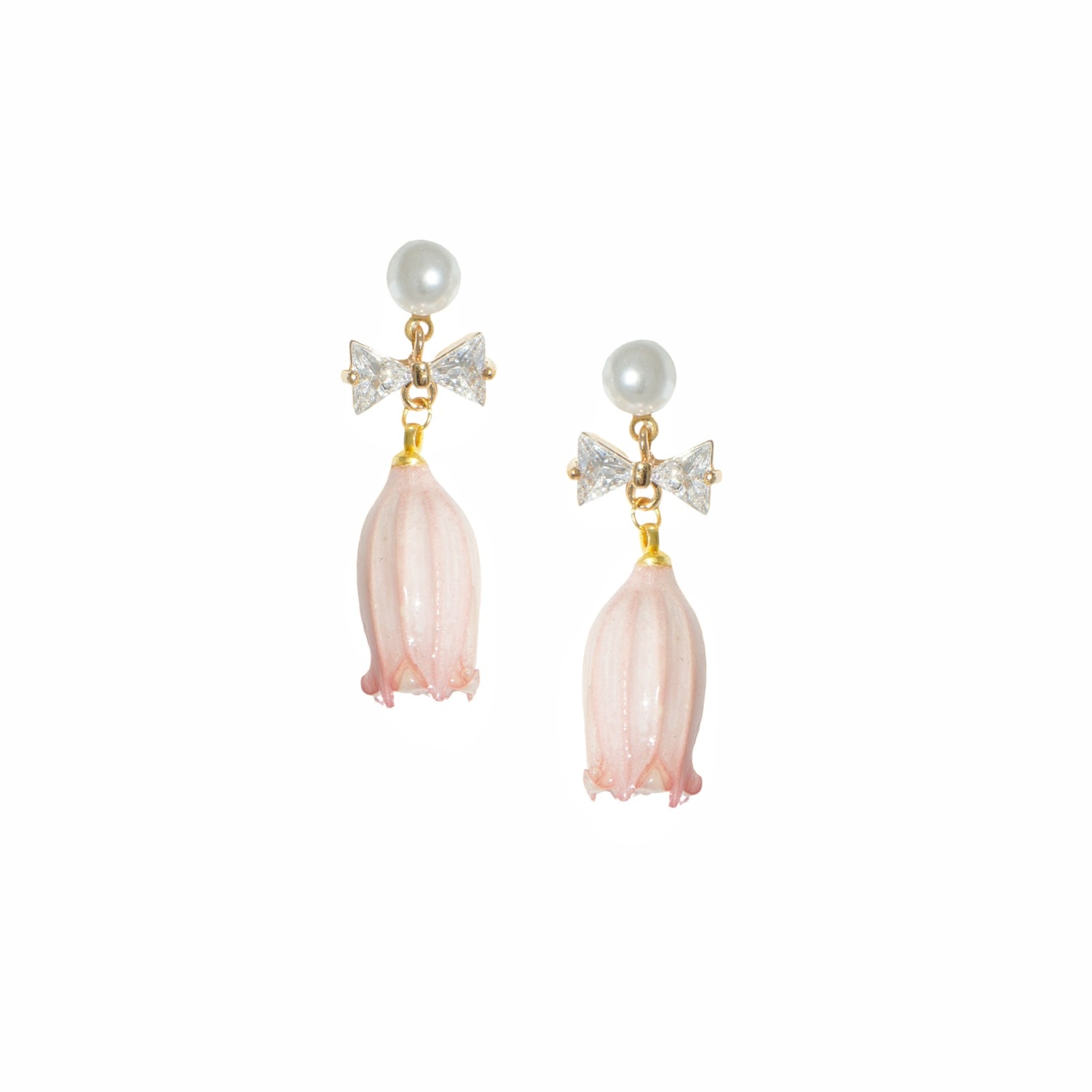 I'mmany London Women's Pink / Purple Real Flower Lilian Lily Of The Valley Crystal Bow Flower Drop Pearl Earrings -