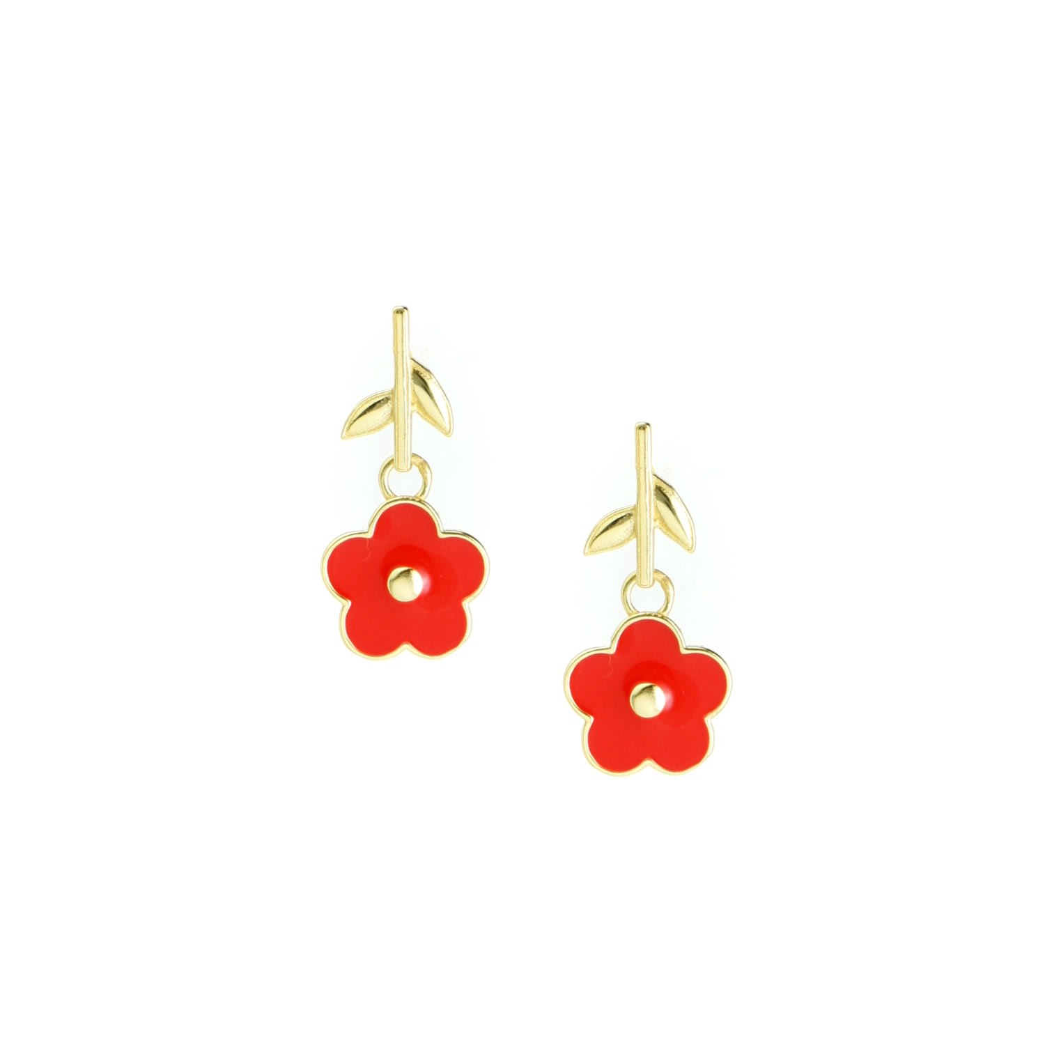 Women’s Red Flower Power Drop Earrings With Enamel Flower And Gold Vermeil Leaves I’mmany London