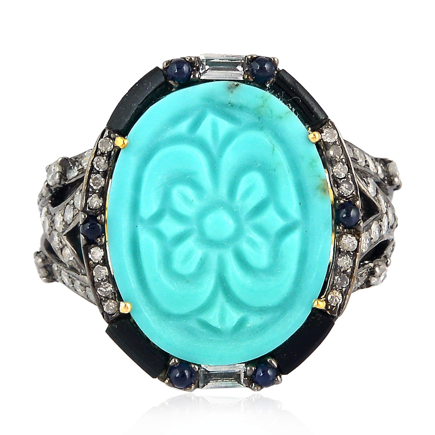 Women’s Gold / Black Carved Turquoise & Blue Sapphire With Onyx And Diamond In 18K Gold & 925 Silver Cocktail Ring Artisan