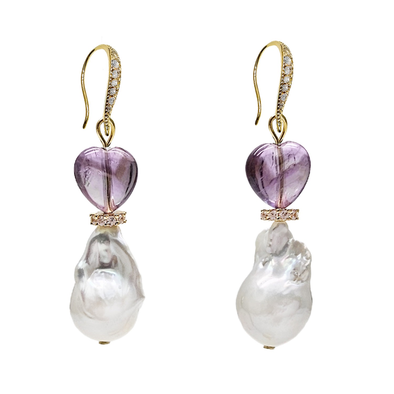 Farra Women's White Baroque Pearls With Heart Amethyst Earrings
