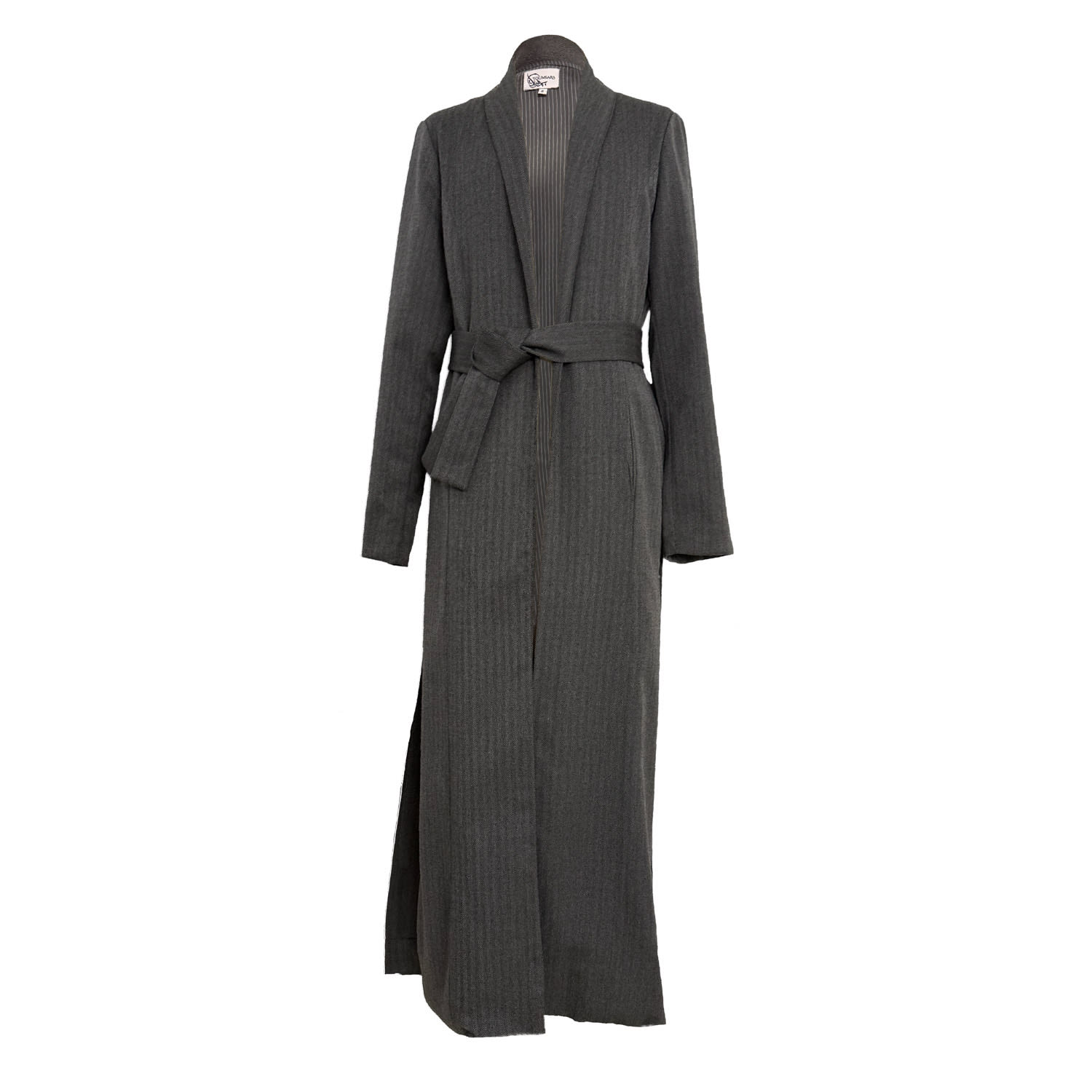 Youmsara Women's Black / Grey Longline Wool-blend Belted Coat – Chevron Texture