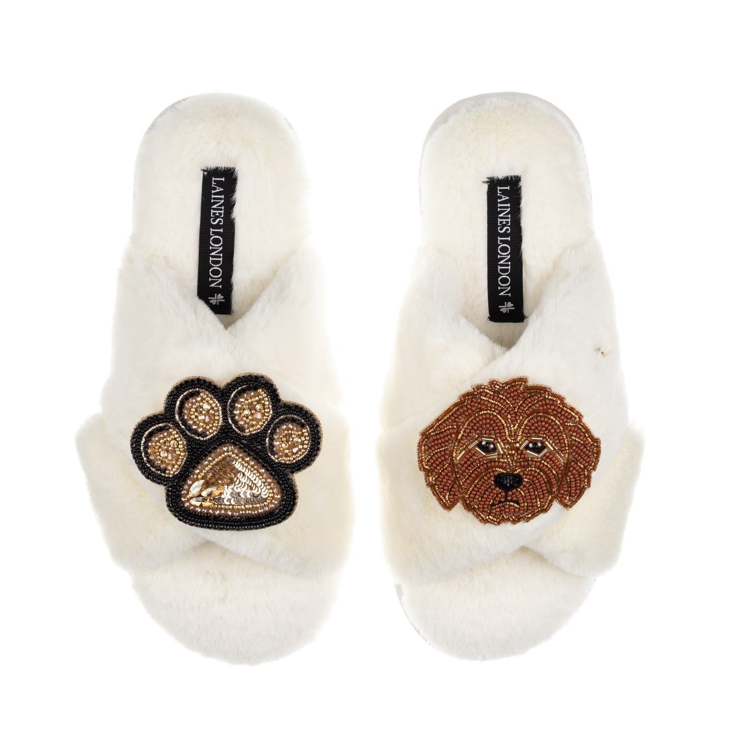 Laines London Women's Neutrals / White Classic Laines Slippers With Paw & Apricot Cockapoo Brooches - Cream In White