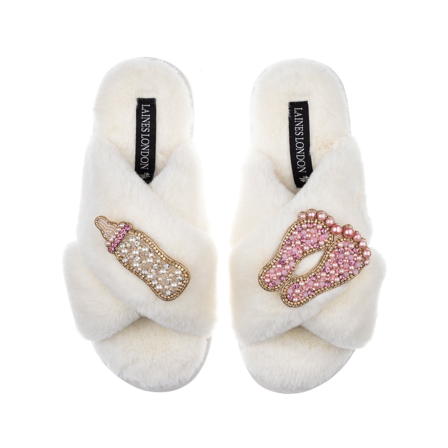 Laines London Women's White Classic Laines Slippers With New Baby Girl Brooches - Cream In White