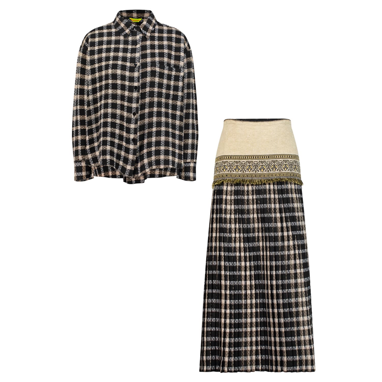 Emanmoon Black Checked Shirt And Skirt Set In Black