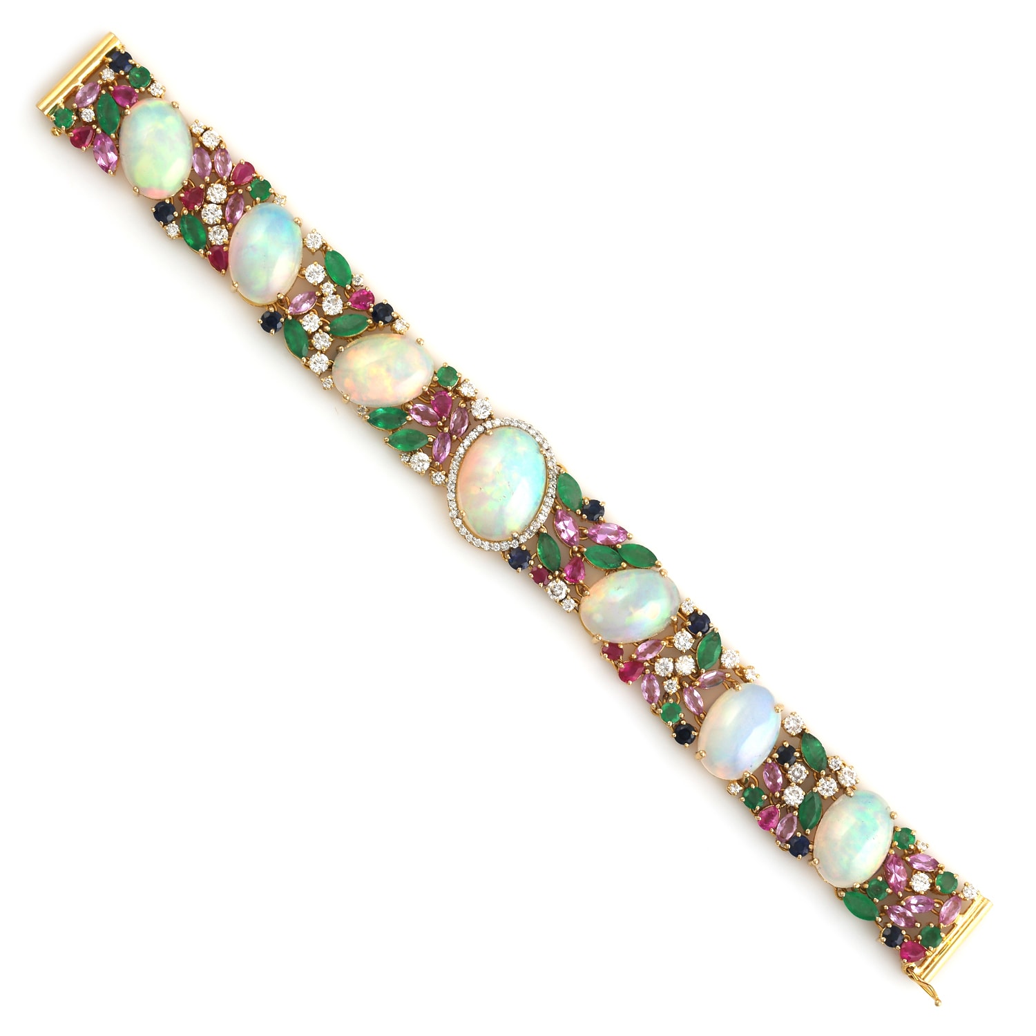 Women’s 18K Yellow Gold Diamond Opal Ethiopian Sapphire Emerald Ruby Fixed And Flexible Bracelet Artisan