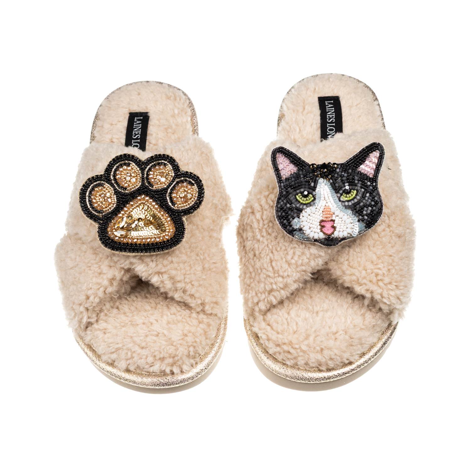 Laines London Women's Brown / Neutrals Laines Netural Boucle Slippers With Black & White Cat & Paw Brooches - Oatm