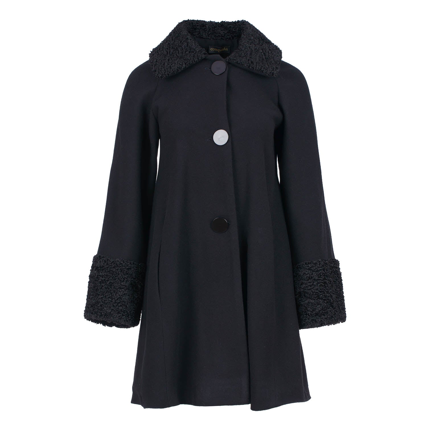 Women’s Black Wool Button Coat With Cuff & Collar Detail Large Conquista