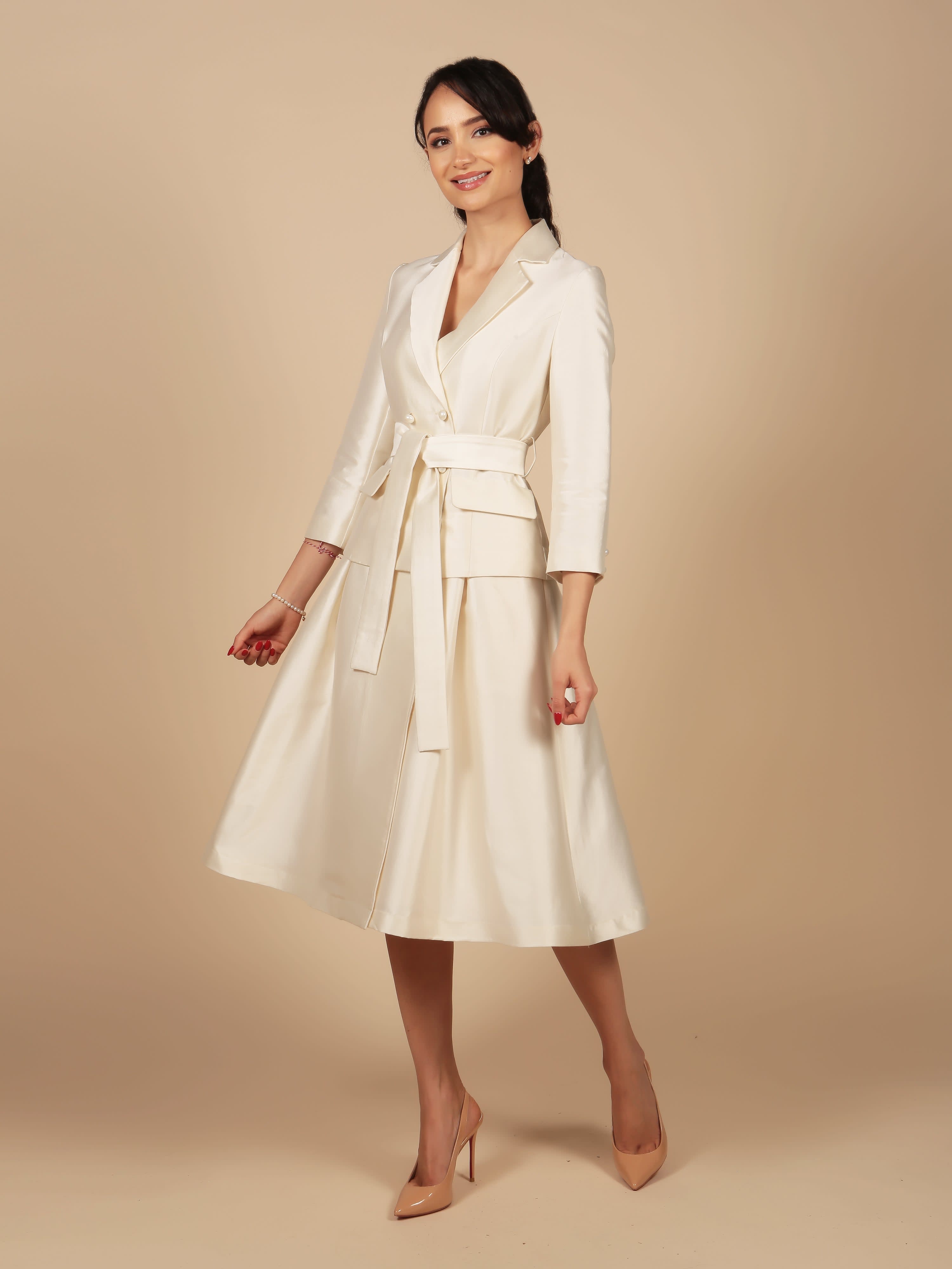 Audrey' 100% Wool & Silk Dress Coat In Bianco | Santinni | Wolf