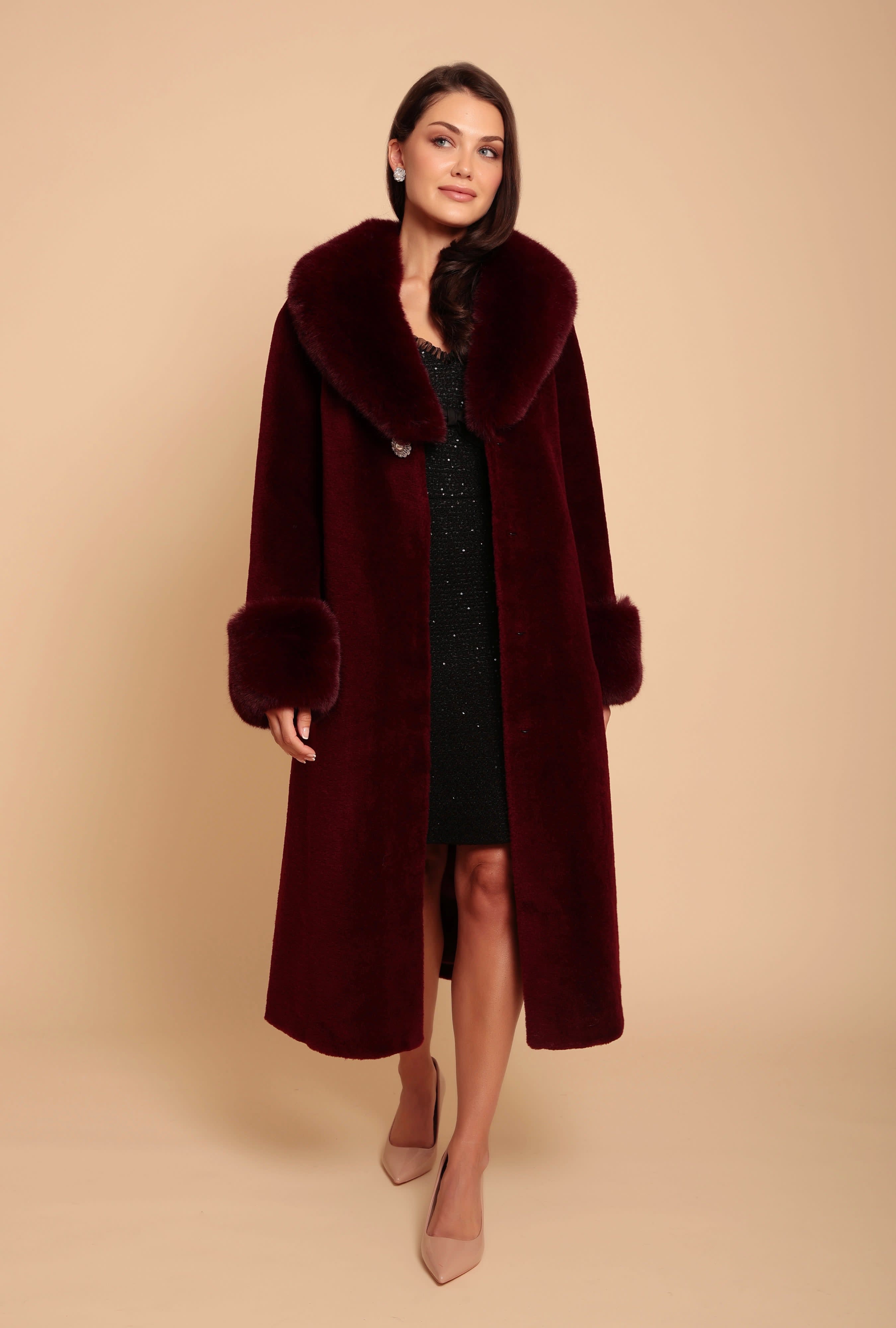 Sunset Boulevard' Long Wool Coat With Faux Fur Collar In Rosso