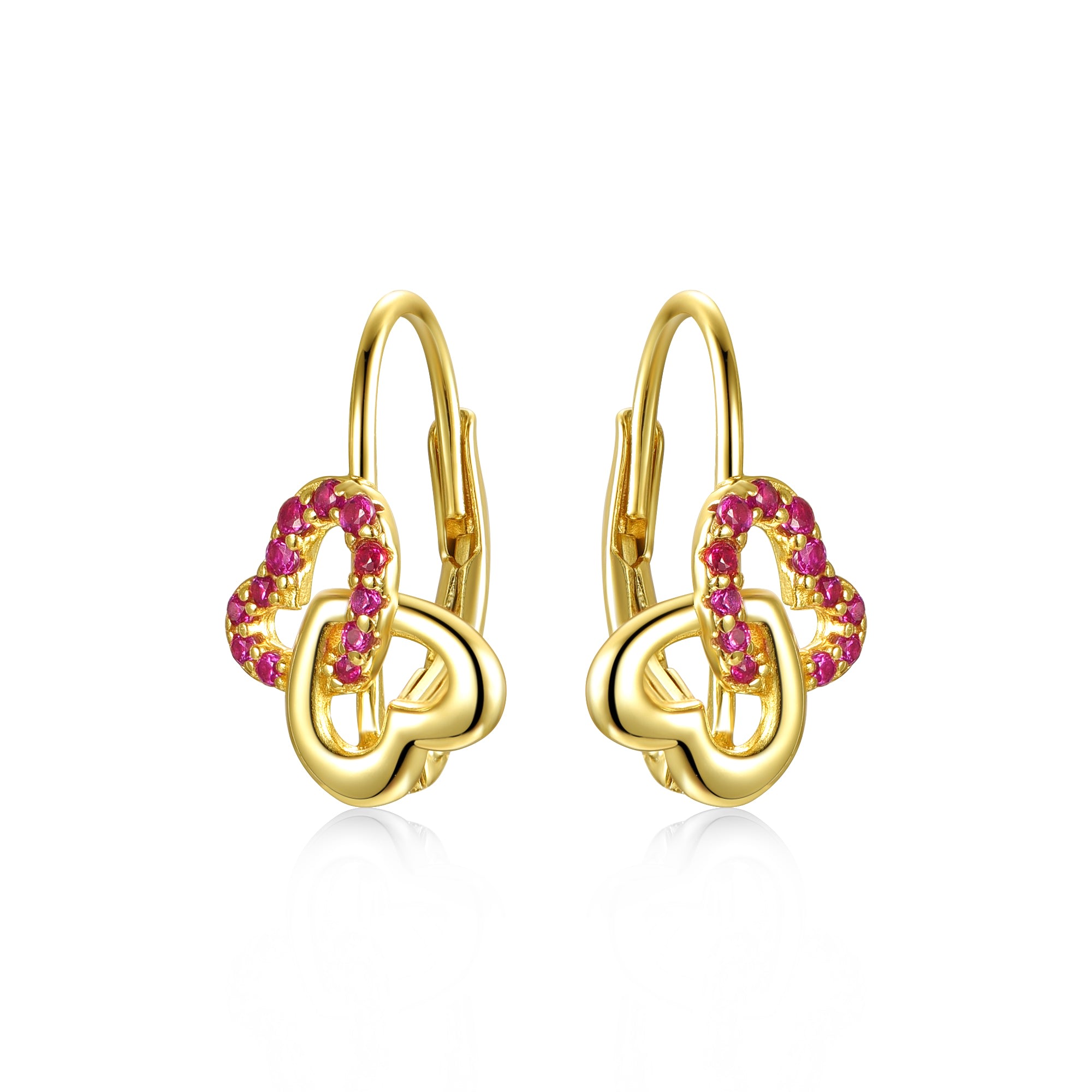 Women’s Gold / Red Kids/Teen Sterling Silver Yellow Gold Plated With Ruby & Diamond Double Heart Halo Drop Leverback Earrings. Genevive Jewelry