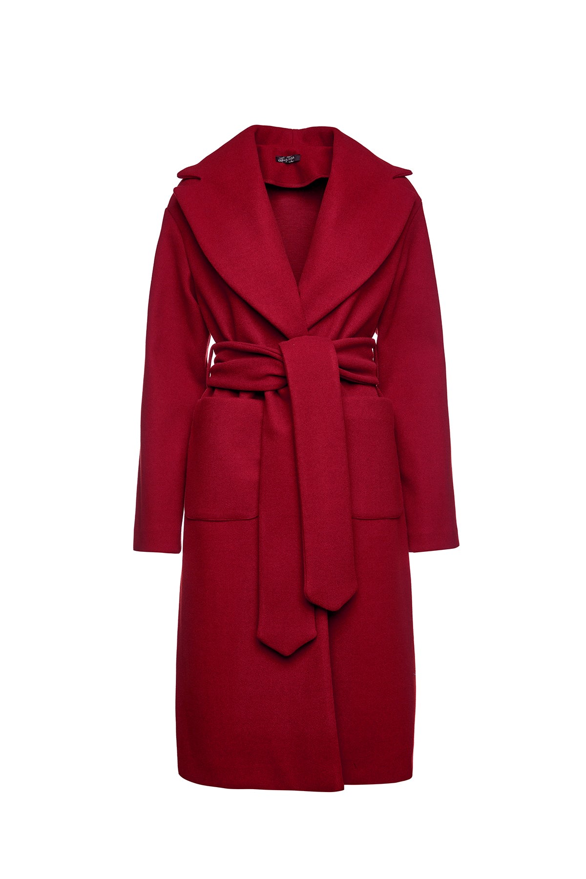 Women’s Long Dark Red Faux Mouflon Coat With Belt Medium Conquista