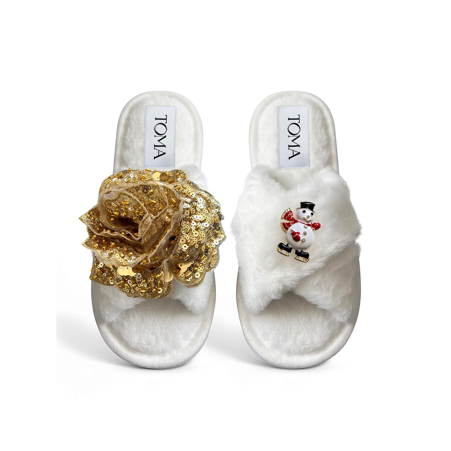 Toma Women's White Classic  Open Toe Gold Sequin Flower Snowman Slippers