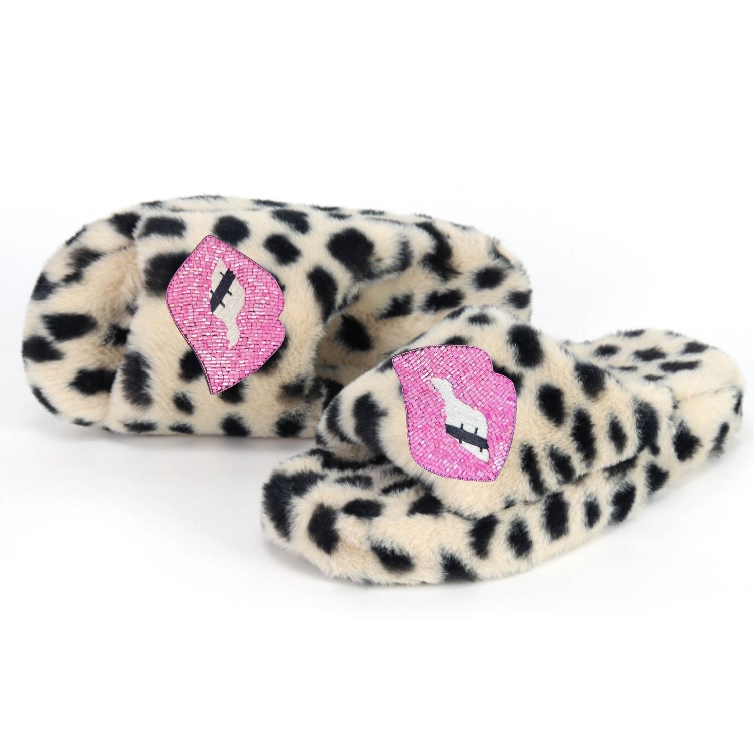 Yomisma Women's Black / Neutrals / Pink Eco Faux Fur Cheetah Holiday Platform Slide Slippers - Oversized Lip In Multi