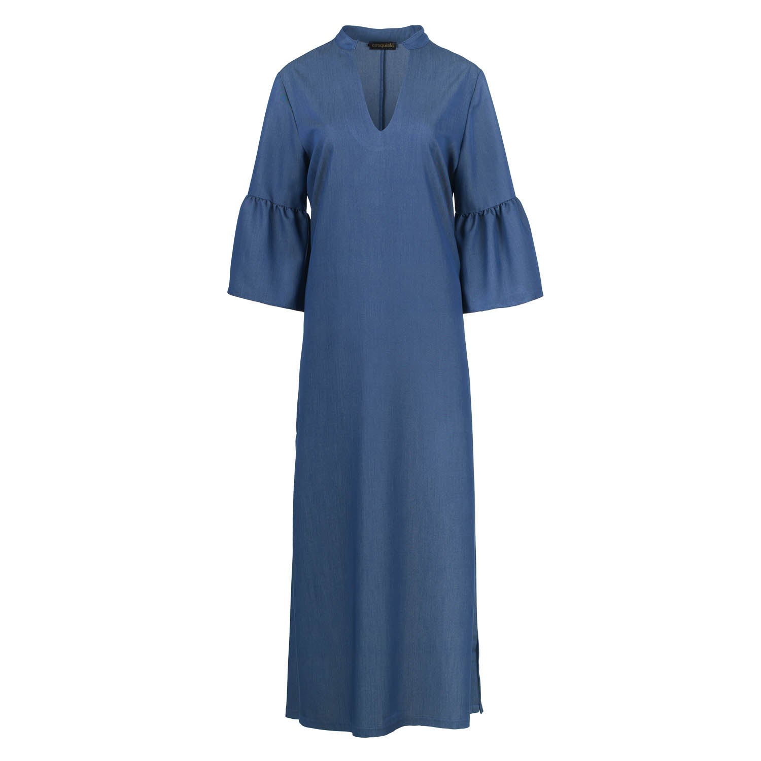 Conquista Women's Blue Denim Style Kaftan With Ruffle Detail In Viscose-satin Fabric In Blue