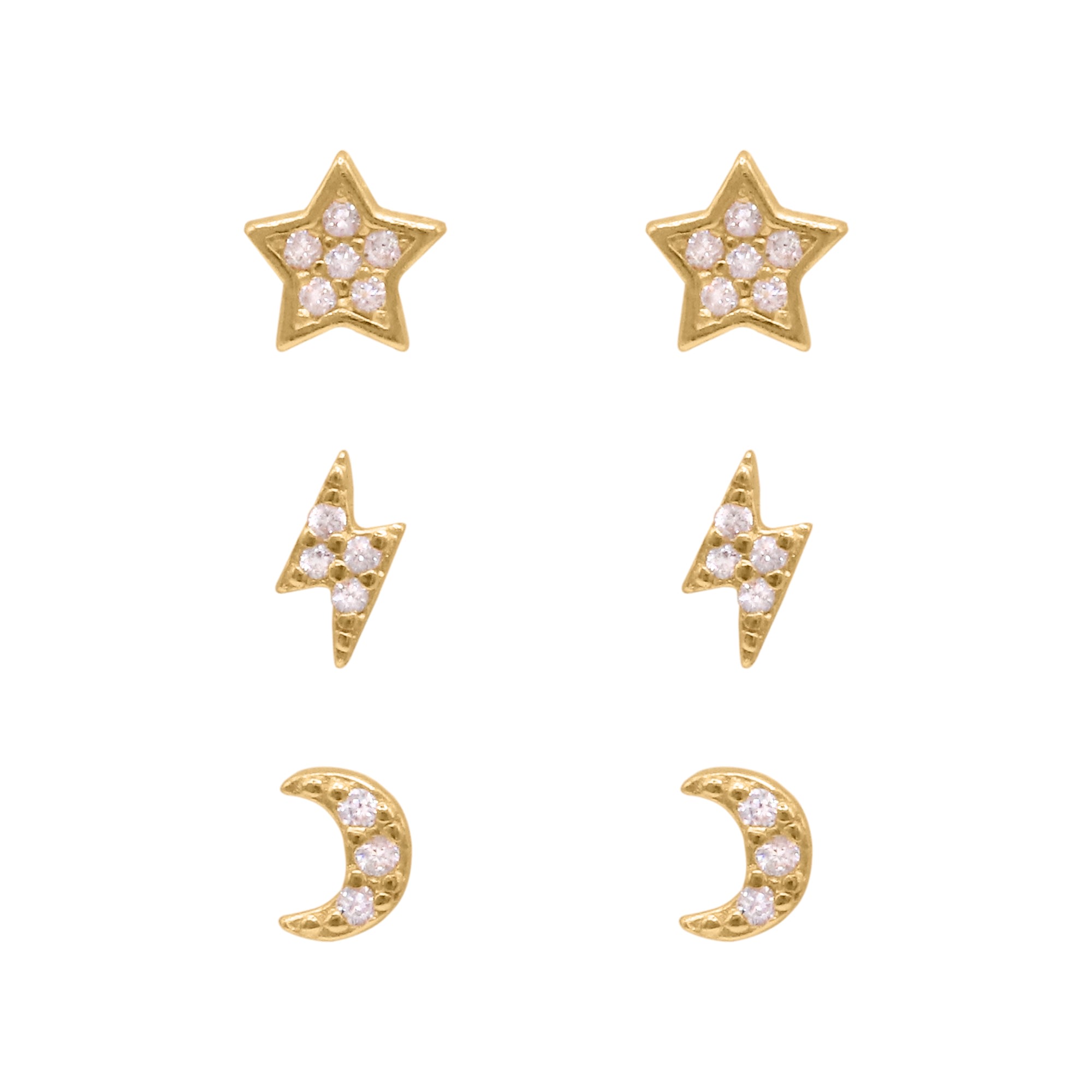 Luna Charles Women's Gold Miku Lightning, Moon & Star Stud Earrings Set In Gold