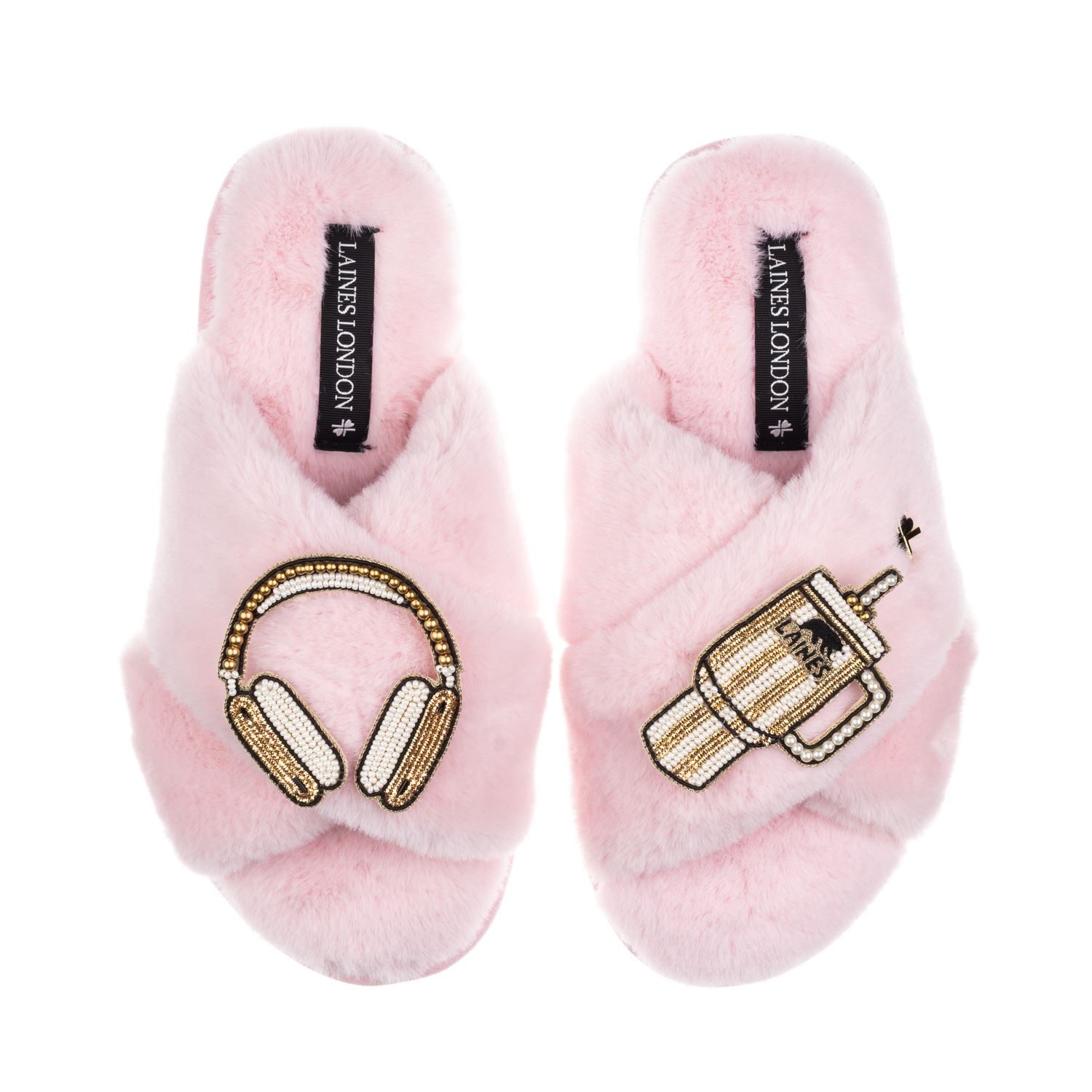 Laines London Women's Classic Laines Slippers With Headphones & Quencher Brooches - Pink In Pink