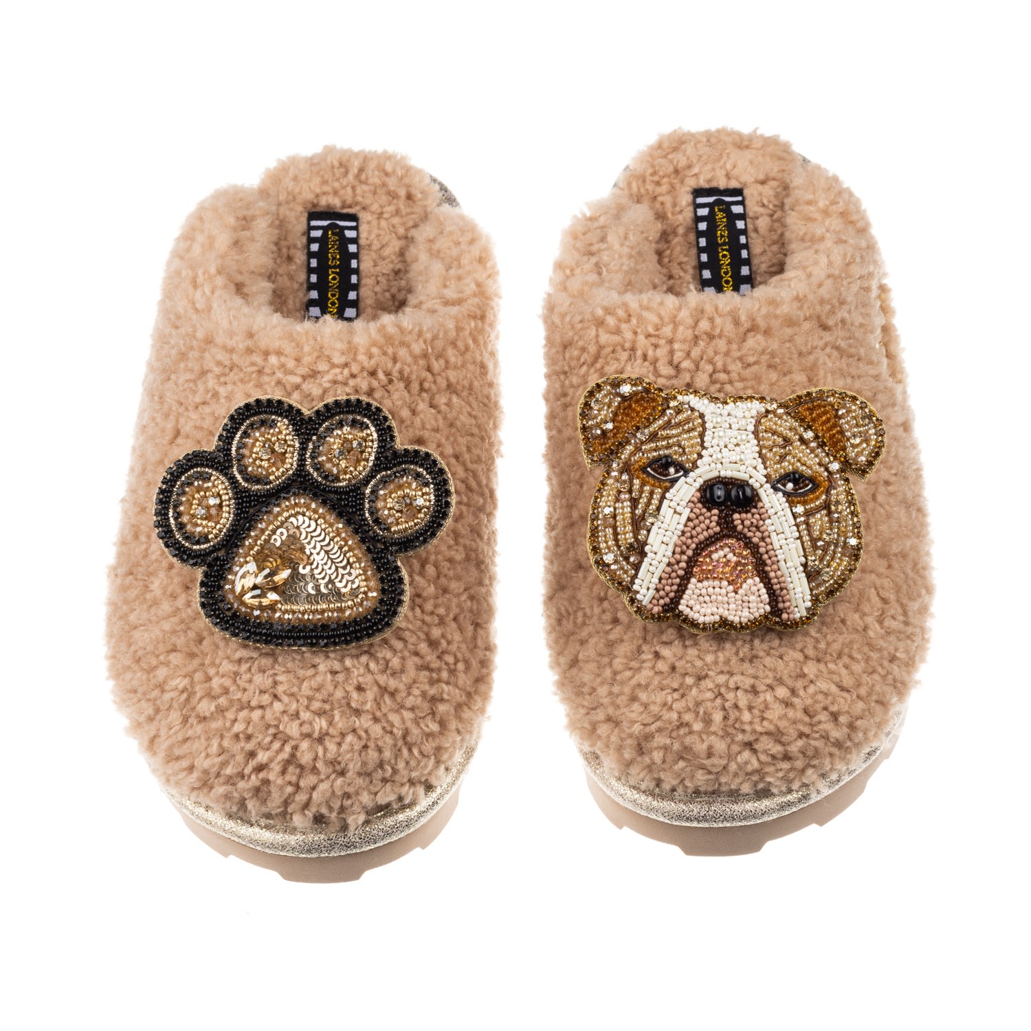 Laines London Women's Brown Teddy Towelling Closed Toe Slippers With Mr Beefy Bulldog & Paw Brooch - Toffee In Brown