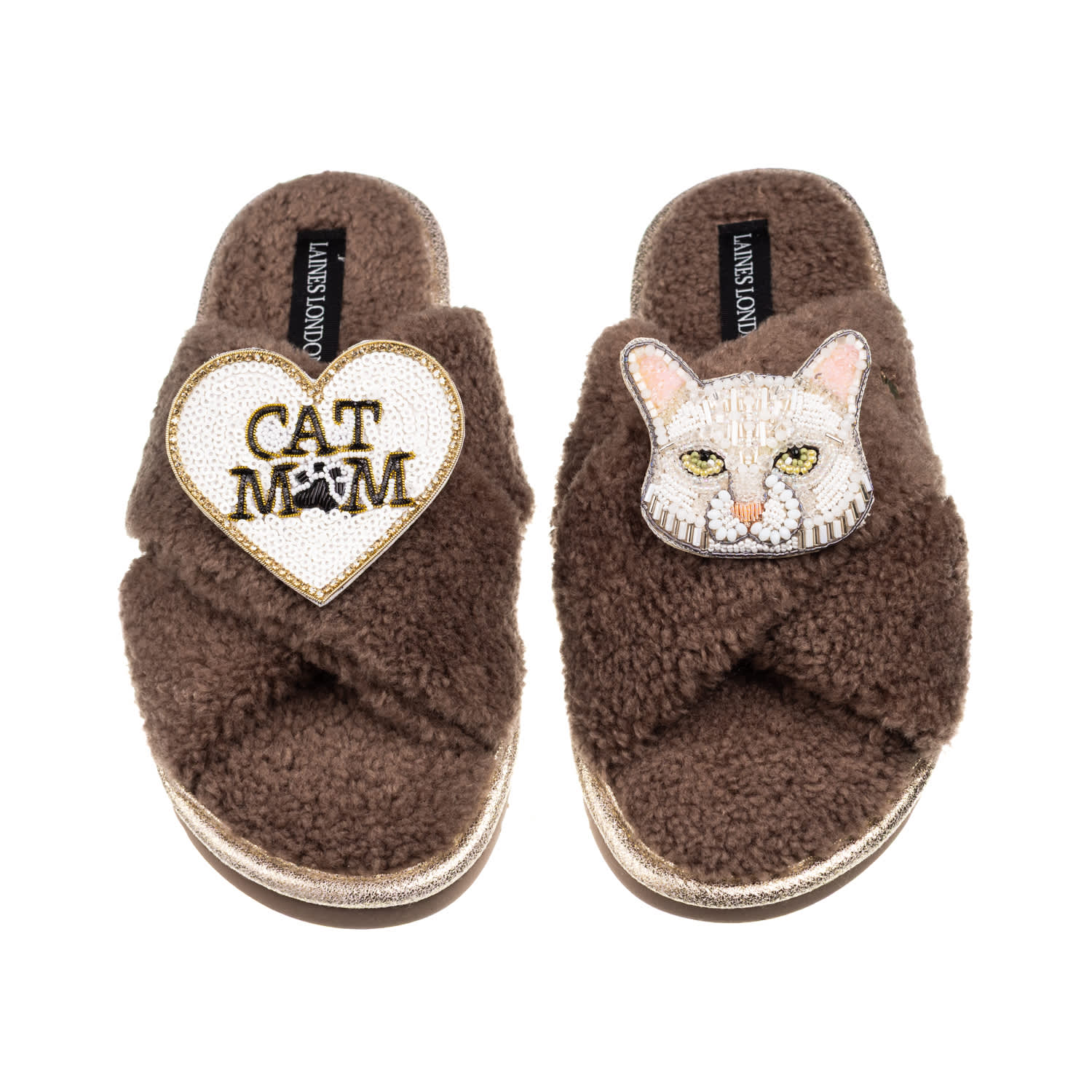 Laines London Women's Brown / Neutrals Laines Netural Boucle Slippers With White Cat & Cat Mum / Mom Brooches - Mi