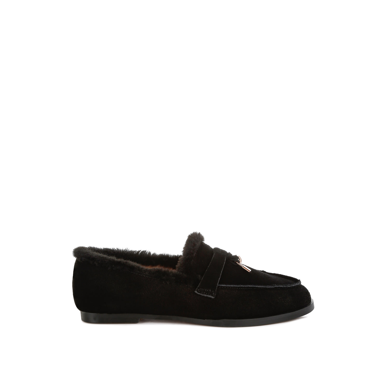 Rag & Co Women's Ohrid Real Suede Leather & Faux Fur Flat Loafers In Black In Black