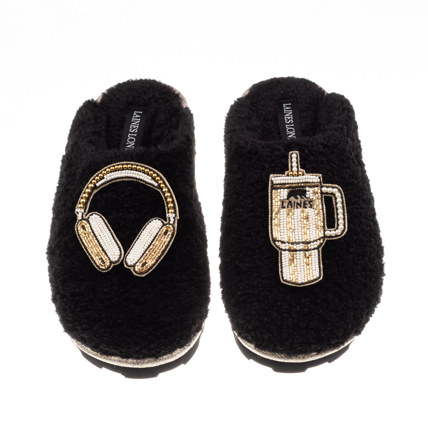 Laines London Women's Teddy Closed Toe Slippers With Headphones & Quencher Brooches - Black