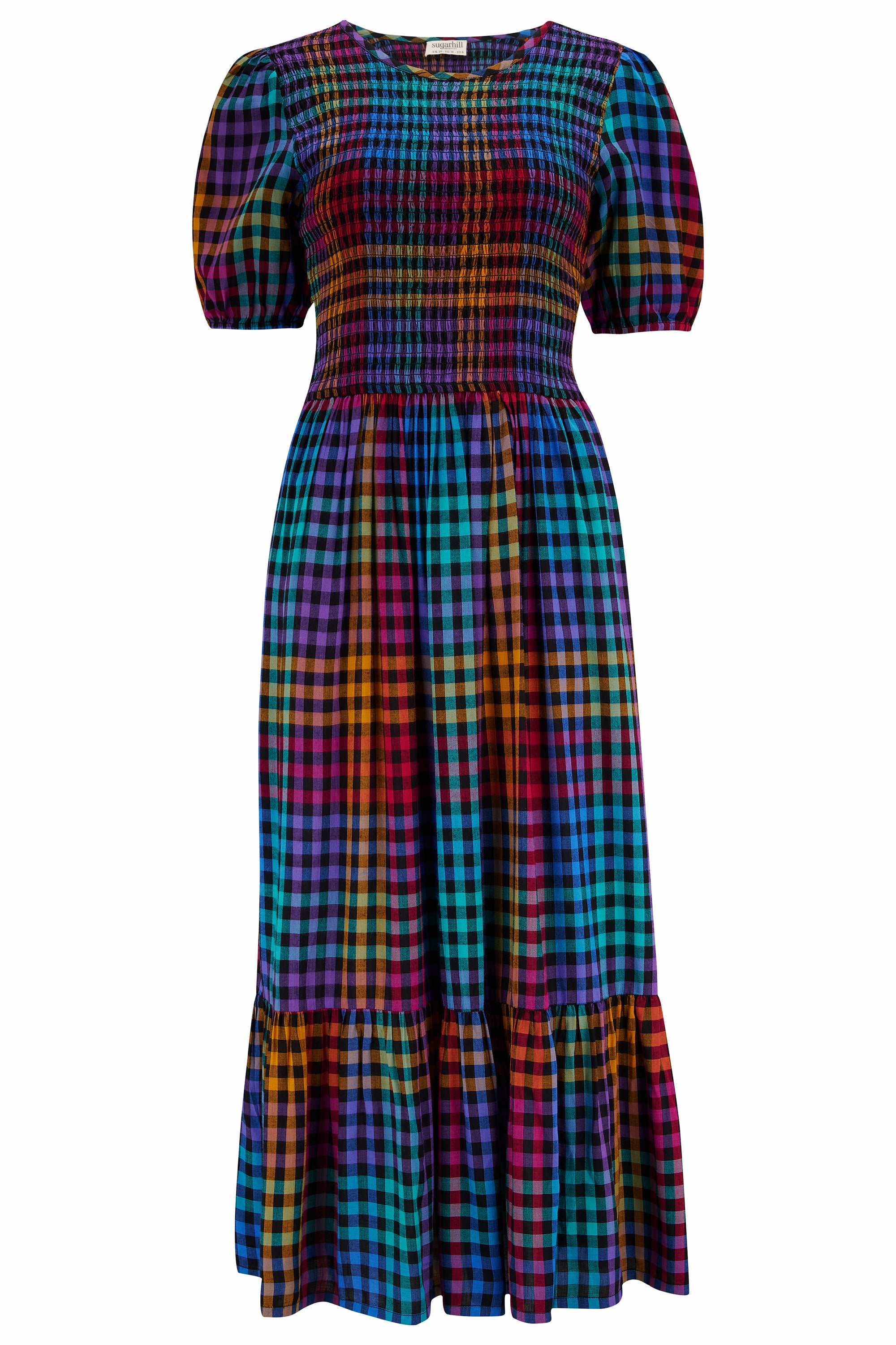 Women’s Yolanda Midi Shirred Dress Multi, Dark Gingham XXL Sugarhill Brighton