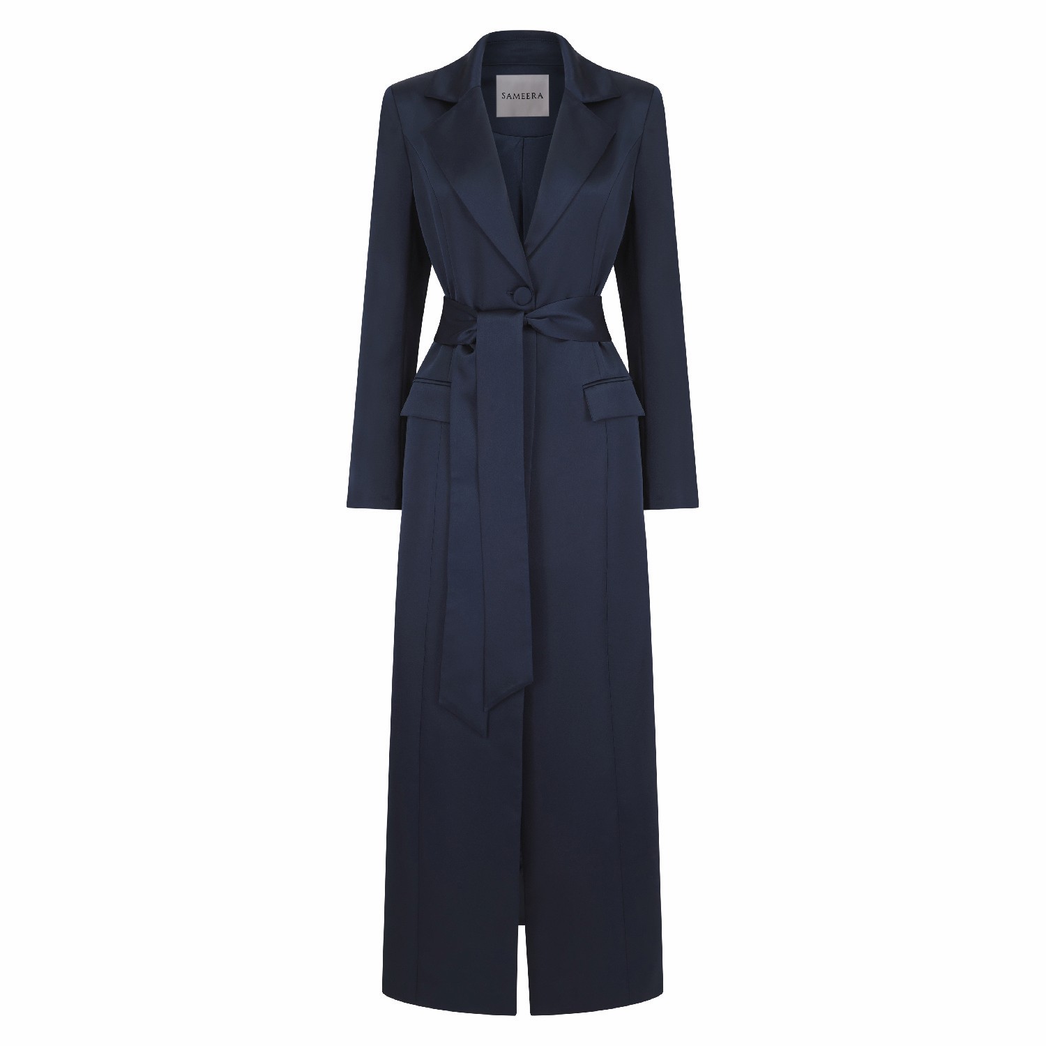 Women’s Blue Saleha Navy Belted Satin Maxi Trench Blazer Coat Xxs Sameera