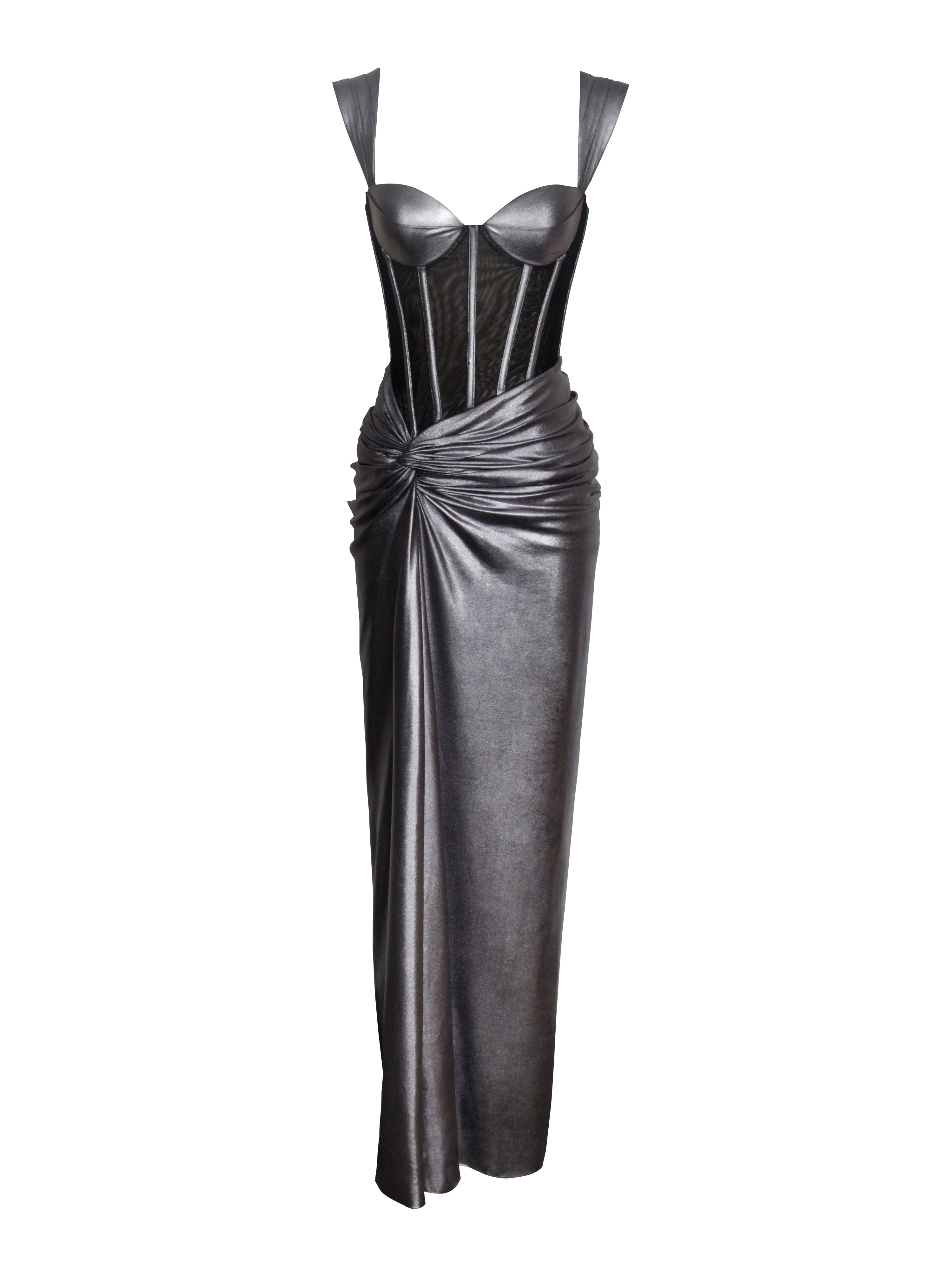Odessa Silver Metallic Corset Maxi Dress | Miss Circle New York | Wolf &  Badger