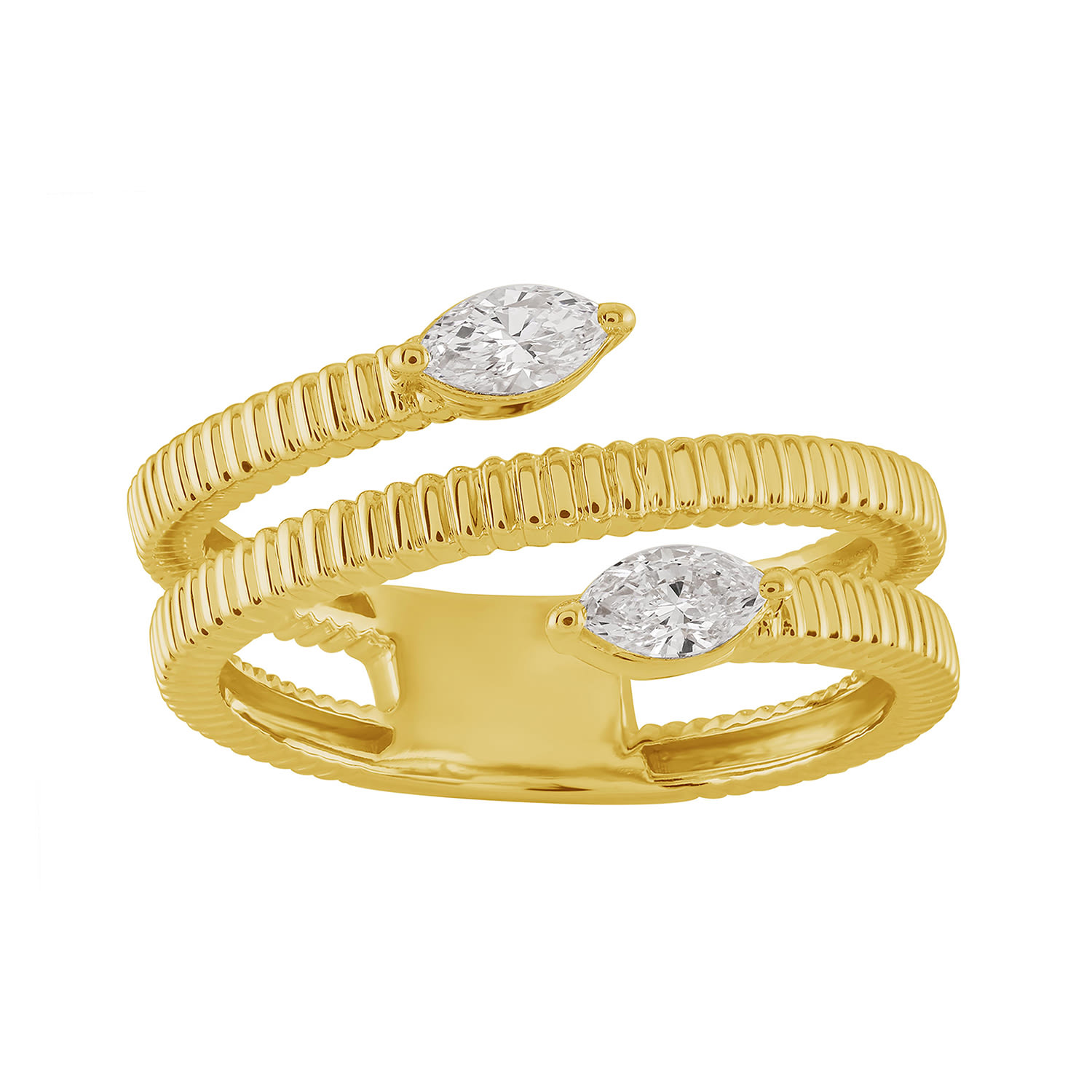 Artisan Women's Gold / White Marquise Diamond Spiral Band Design Bypass Ring In 14kt Yellow Gold In Multi