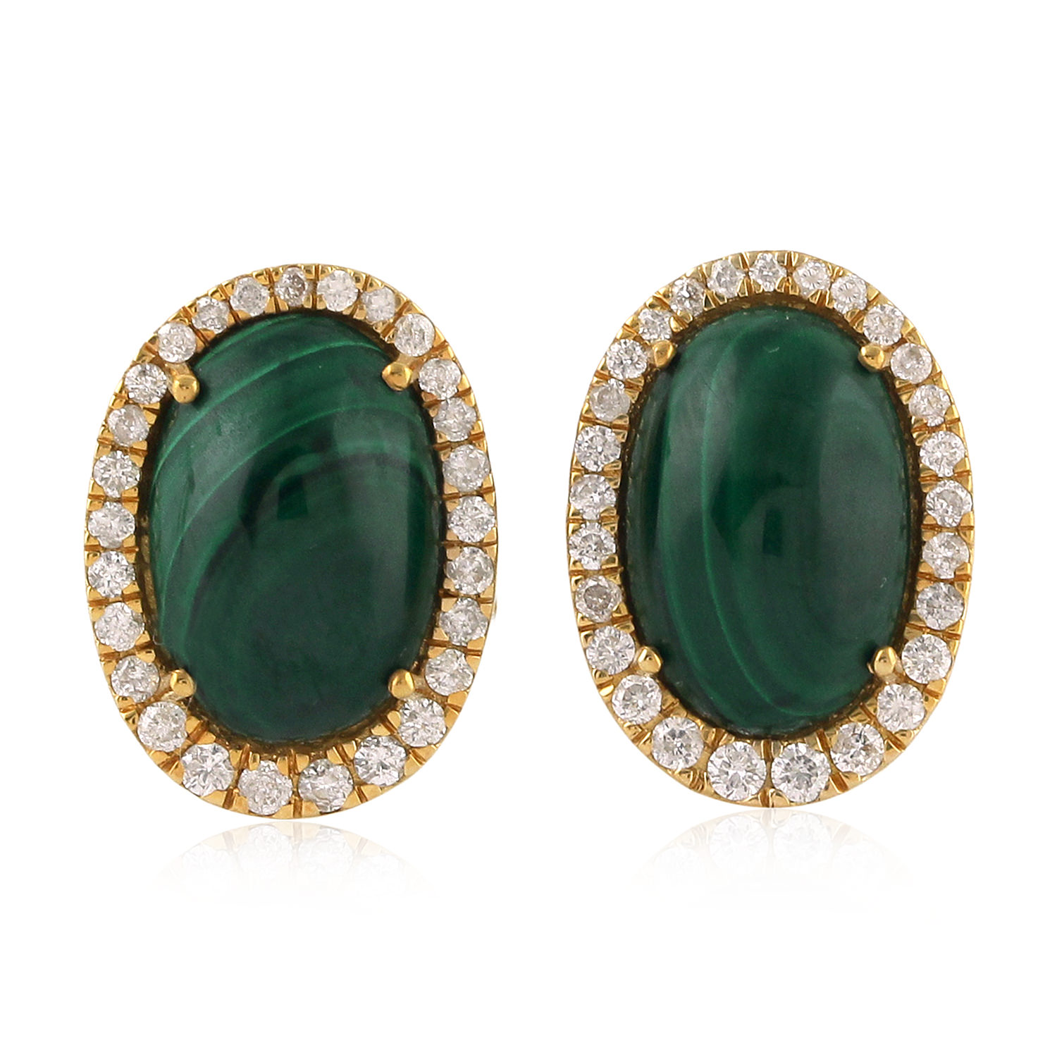 Artisan Women's Gold / Green / White Oval Malachite & Pave Diamond Stud Earrings In Yellow Gold – Fine Jewel In Multi