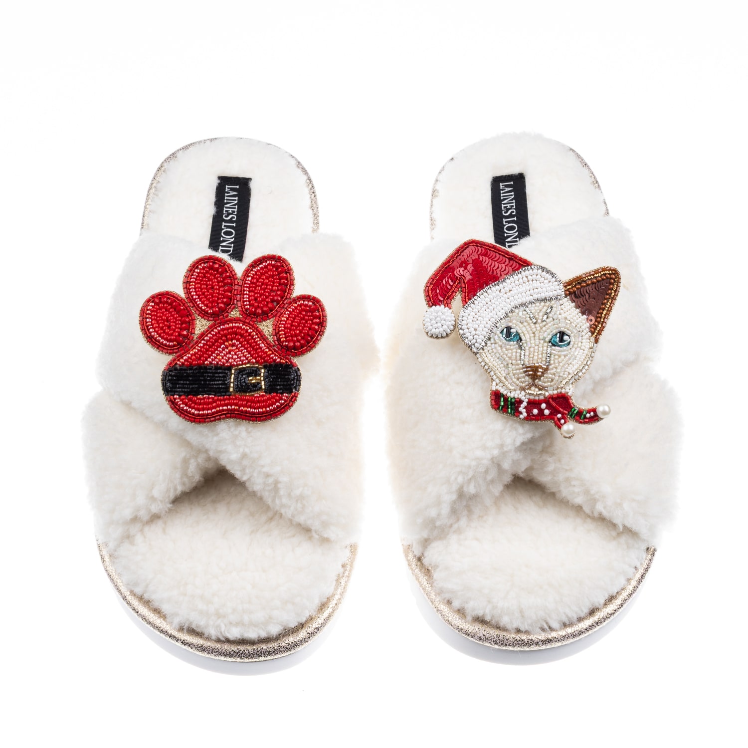 Laines London Women's Neutrals / White Laines Boucle Slippers With Christmas White Siamese Cat & Paw Brooches - Cr In White