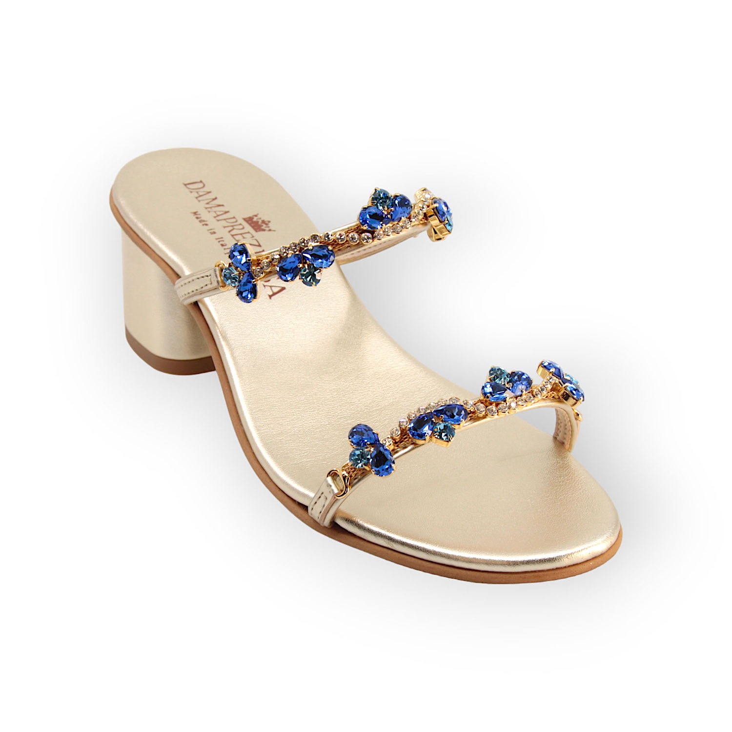 Damapreziosa Women's Gold / Blue Kate Gold Sandal In Blue Shades Crystals In Gold/blue