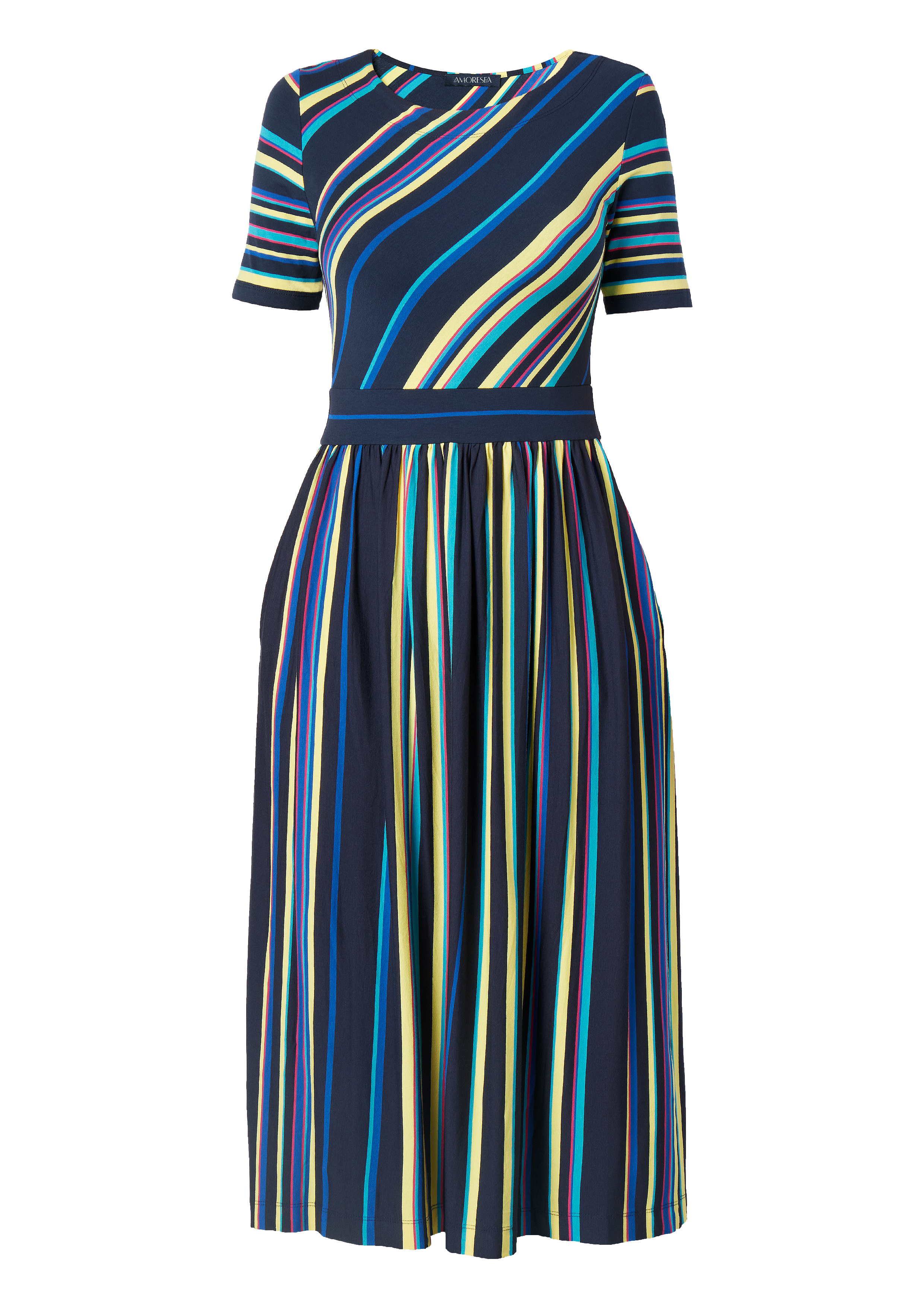 Amoresea Women's Blue / Yellow / Orange Radiance Multi Colour Jersey Midi Dress With Pockets In Blue/yellow/orange