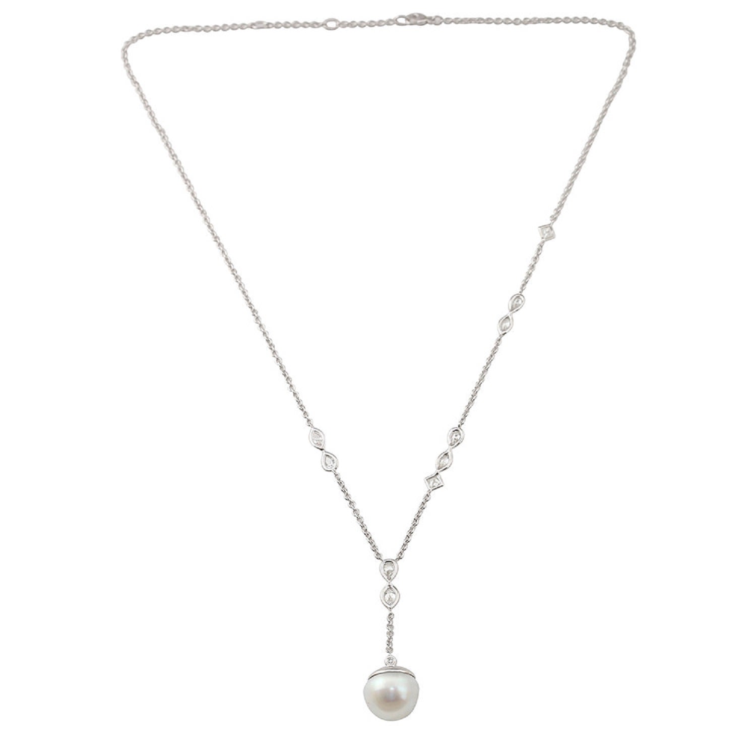 Women’s Large South Sea Pearl & Diamond Drop Designer Necklace In 18K Solid White Gold Artisan