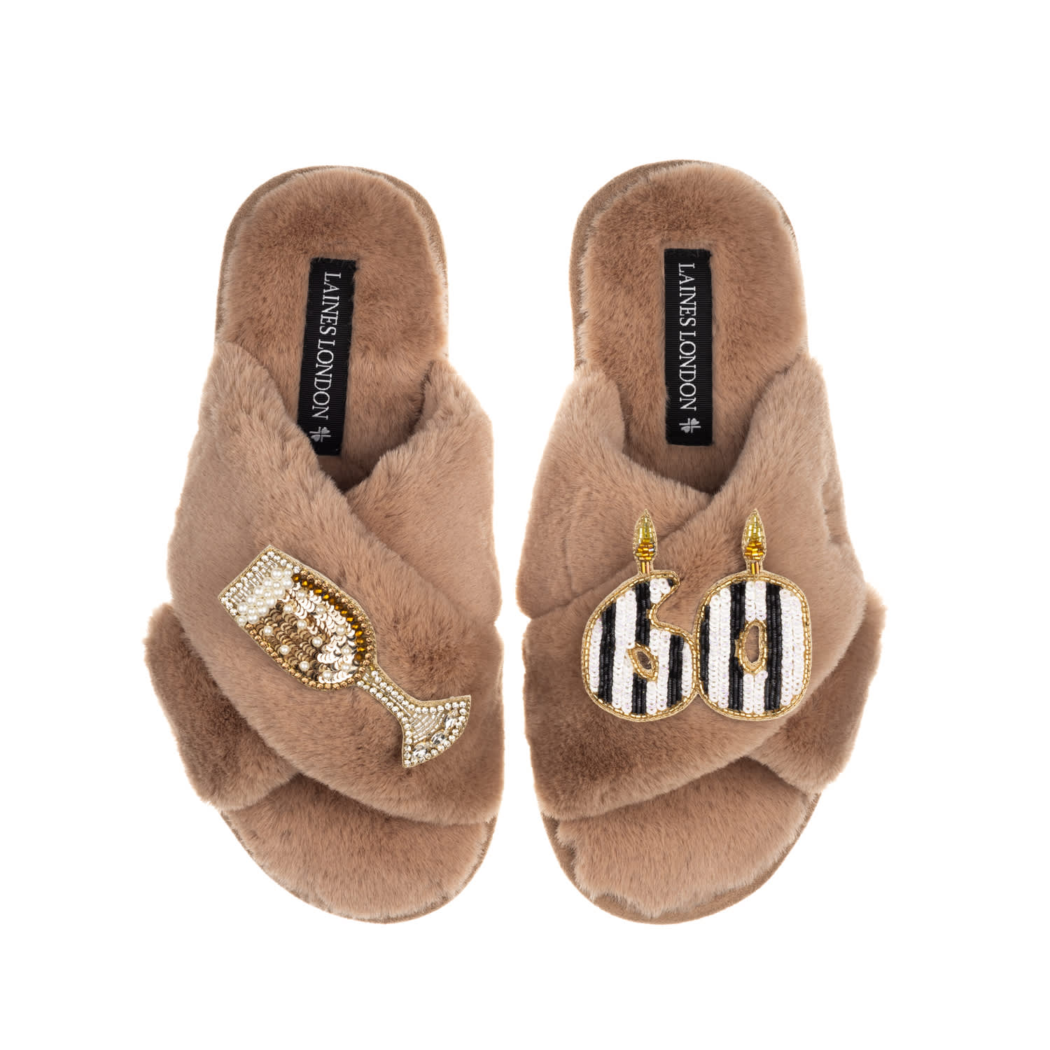 Laines London Women's Brown Classic Laines Slippers With Stripe 60th Birthday & Glass Of Champagne Brooches - Toff In Brown