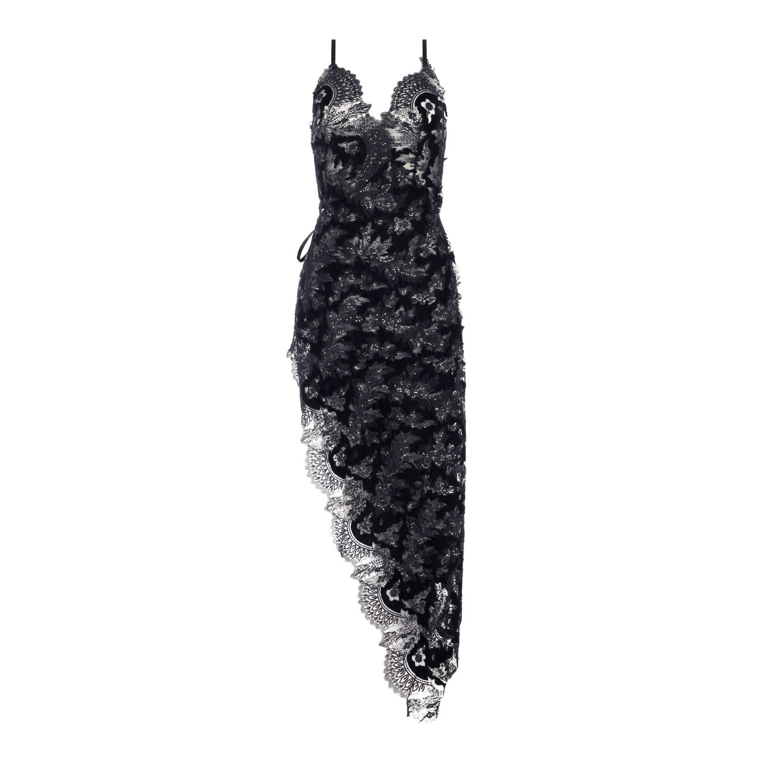 Women's Black Chiffon Slip Included In Our Florentina Noir Velvet & Tulle Sheer Beaded Long Dress | Extra Small | Belle-Et-Bonbon