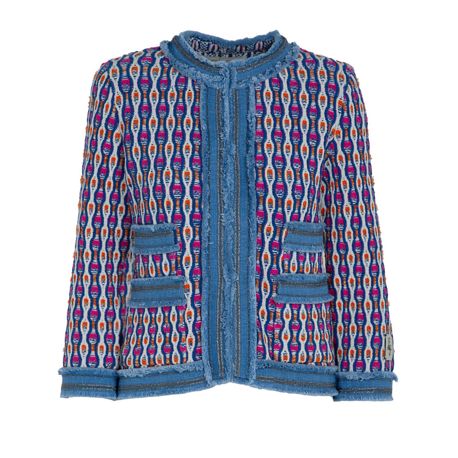 Women’s Short Tweed Multicolor Short Jacket With Ornamental Pockets And Denim Details Tessa Medium The Extreme Collection