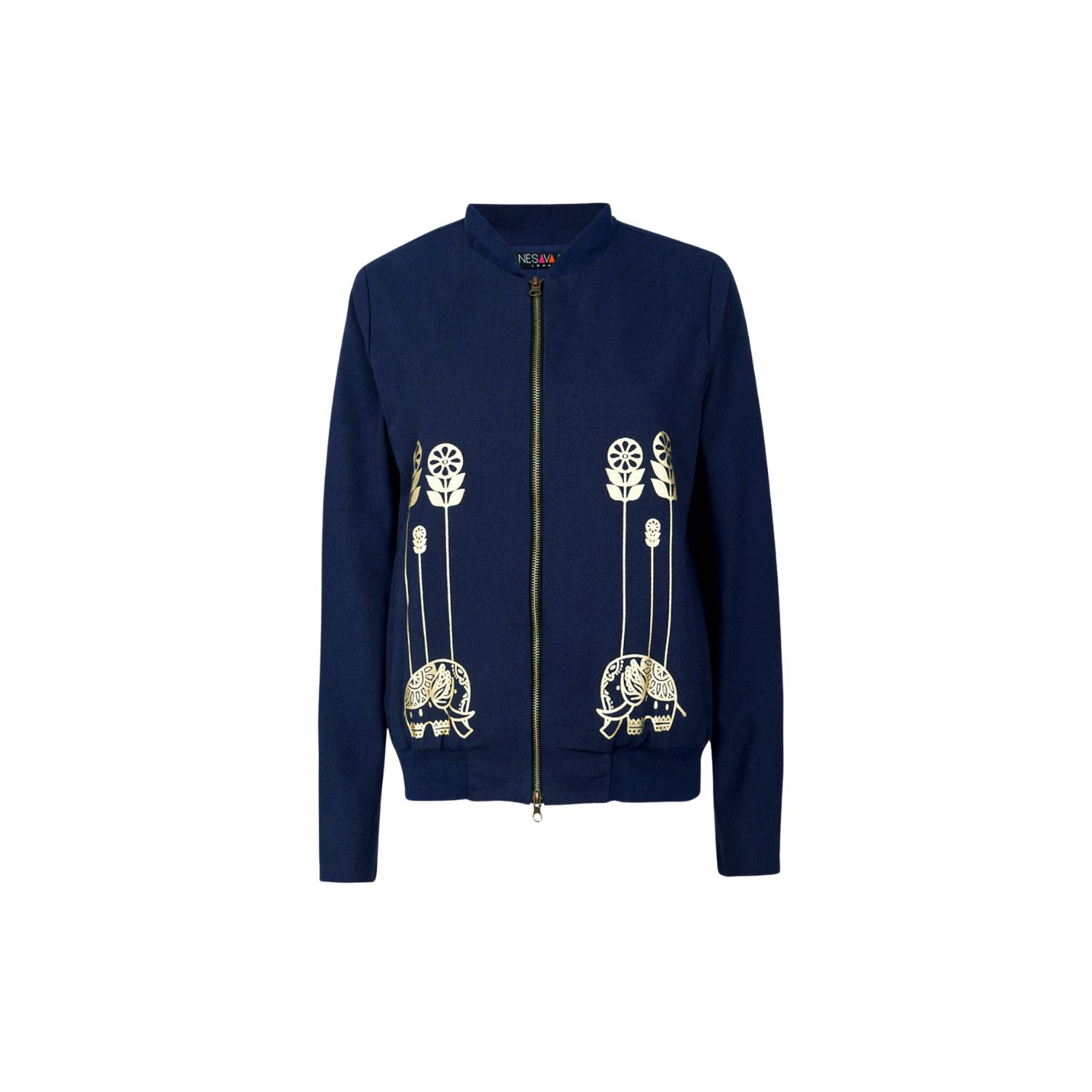 Women's Blue Navy Metallic Printed Bomber Jacket | Large | Nesavaali