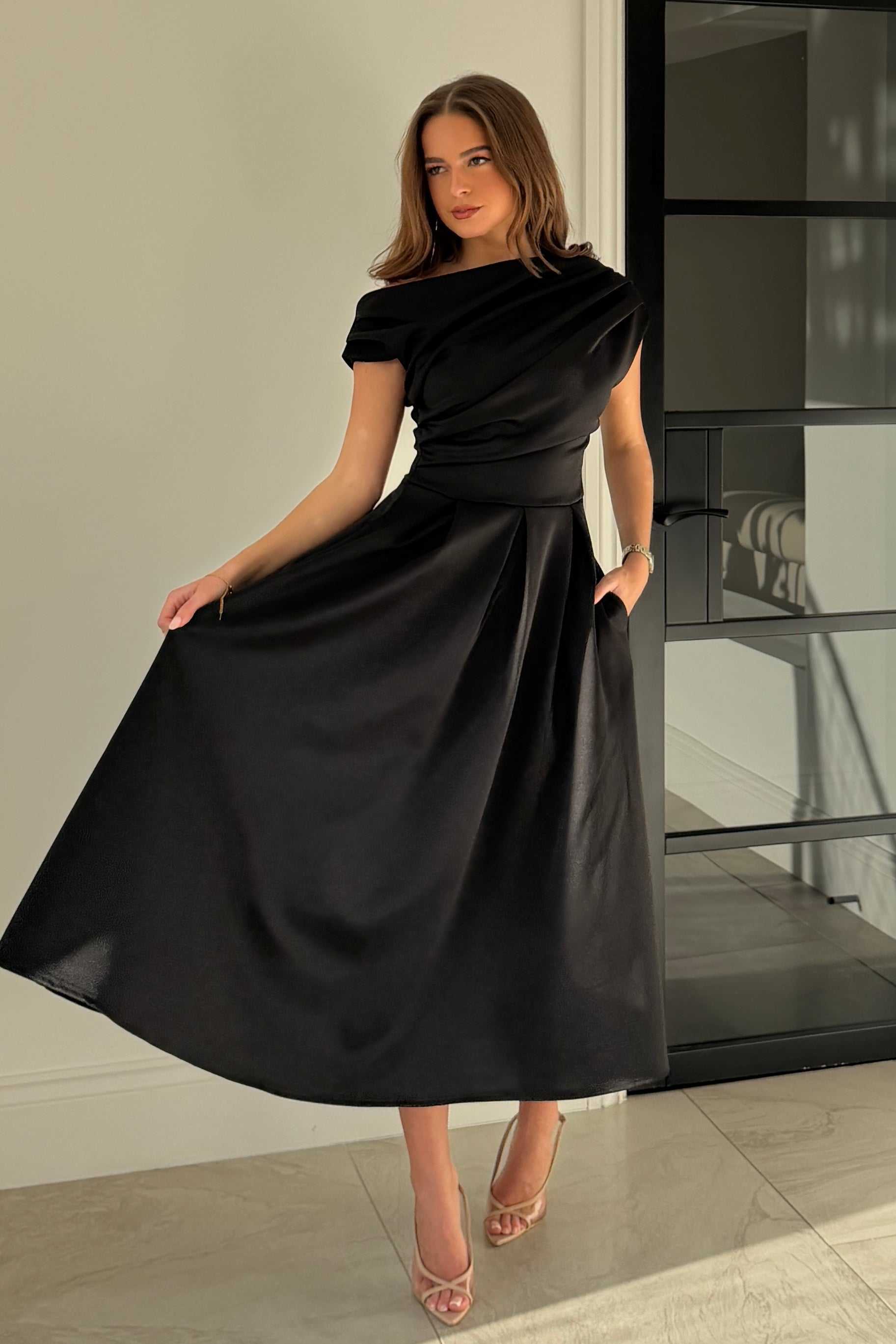 red off the shoulder dress Off-Shoulder Ruched A-Line Layered Satin Prom Dress with Slit, Red / 6