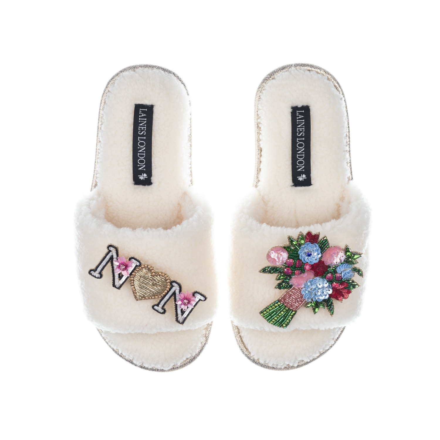 Women’s White Teddy Toweling Slipper Sliders With Bouquet & Nan Brooches - Cream Extra Large Laines London