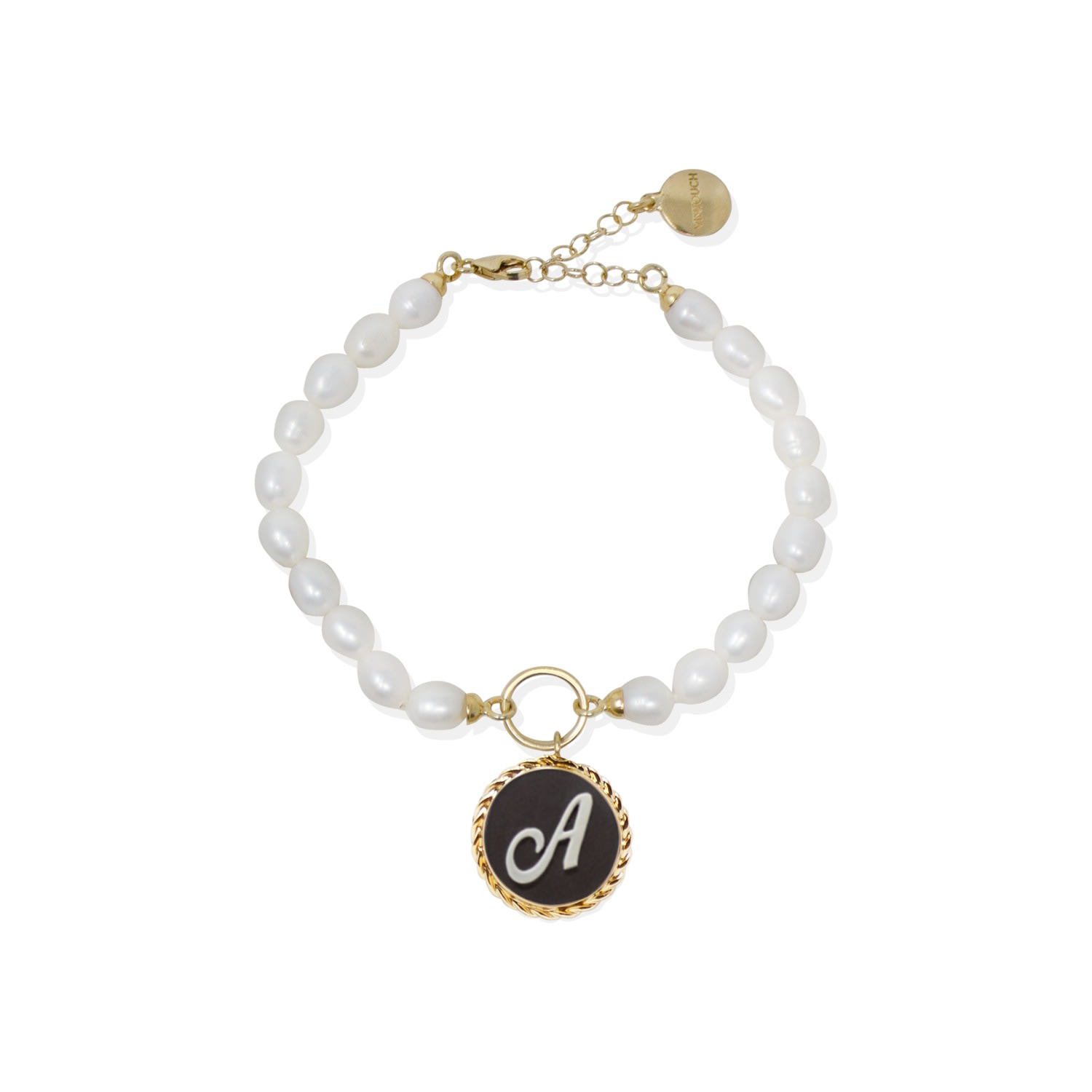 Women’s Gold / Black / White Gold Vermeil Initial Black Cameo & Pearl Bracelet Vintouch Italy