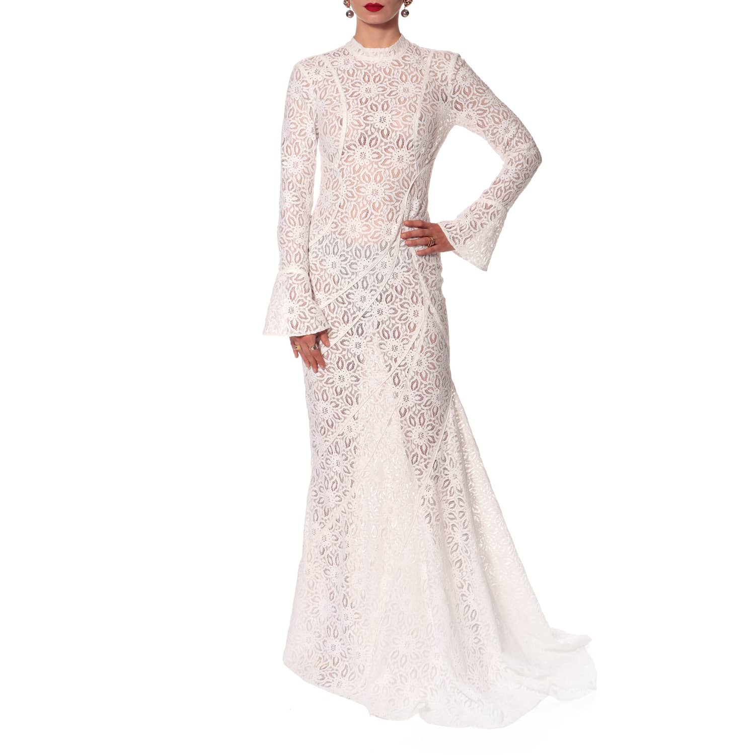 Cameron Off White Lace Maxi Dress With A Fishtail Train