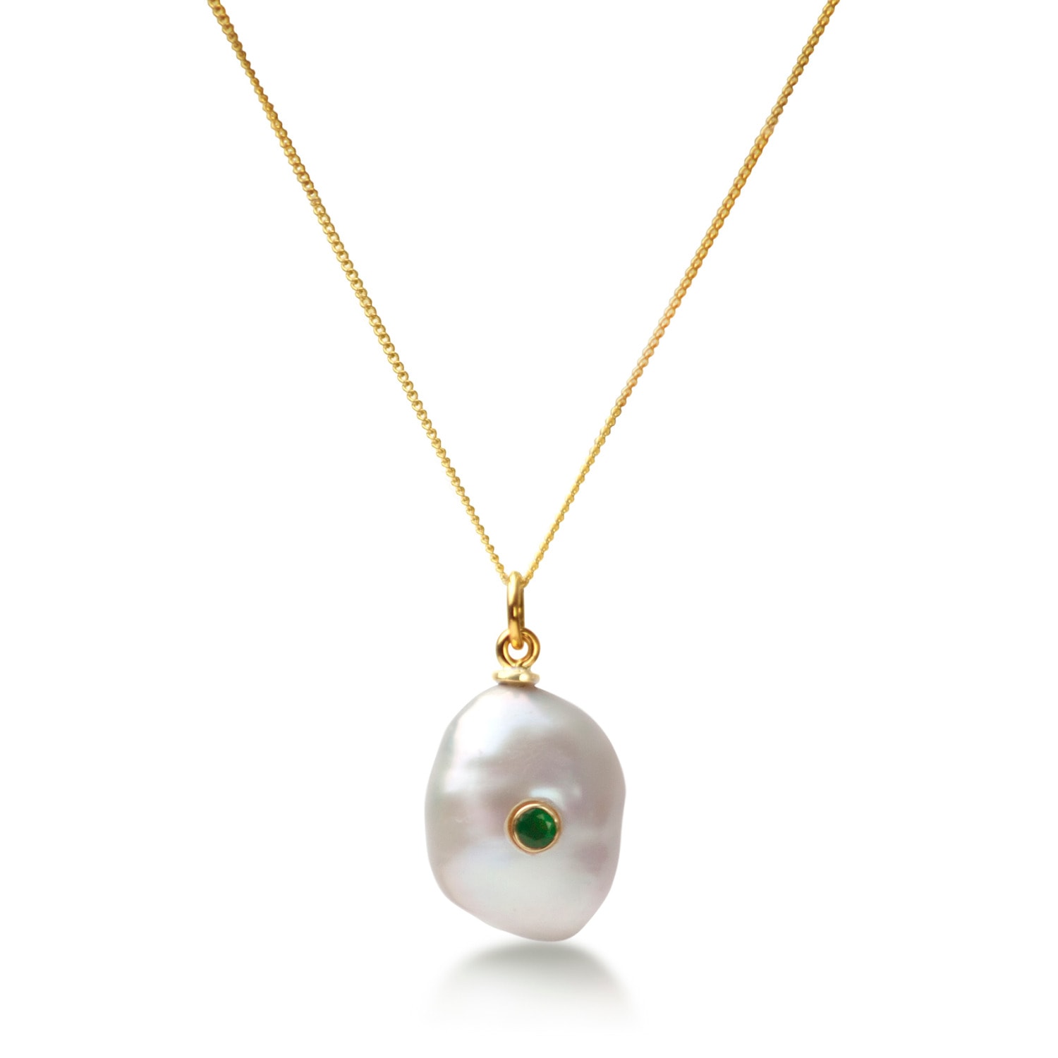 Women’s Green / Gold / White Keshi Pearl Necklace With Emerald In Solid Gold The Jewellery Store London