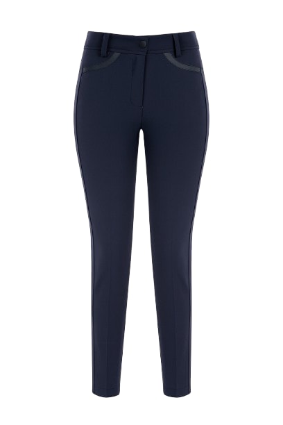 Conquista Women's Blue Straight Trousers With Faux Leather Detail In Blue