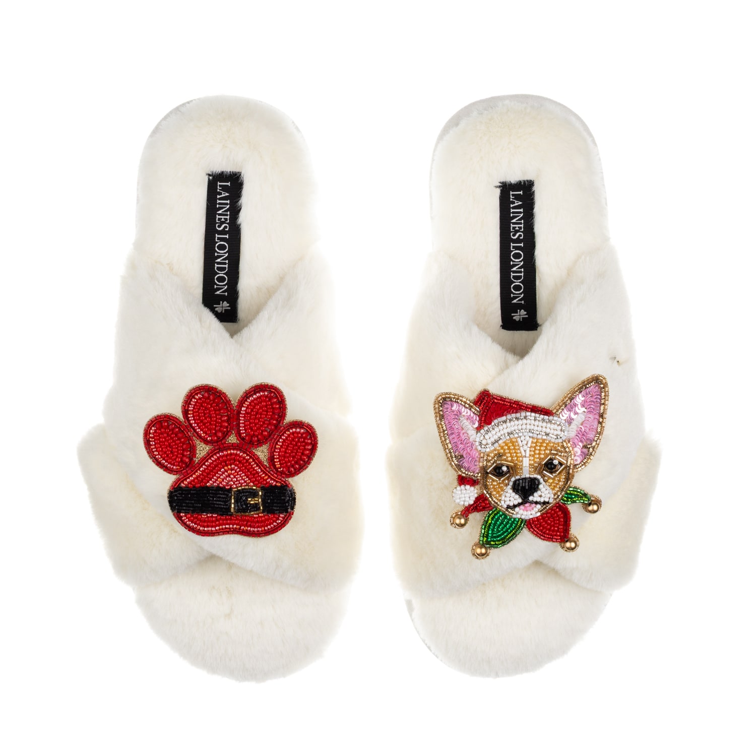 Laines London Women's White / Neutrals Classic Slippers With Christmas Chihuahua & Paw Brooches - Cream In White